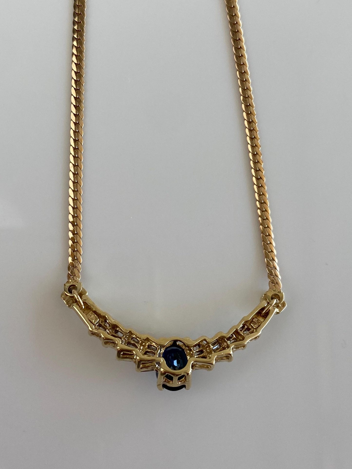 Vintage Solid 14k Yellow Gold Baguette Diamond Blue Sapphire Flat Curb Chain Necklace - 17.75 inches
