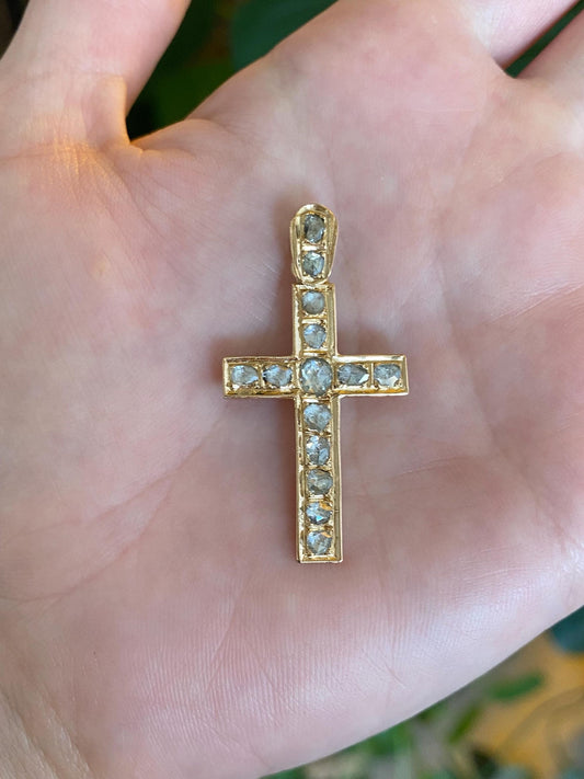 Vintage Solid 18k Yellow Gold Raw Diamonds Cross Charm
