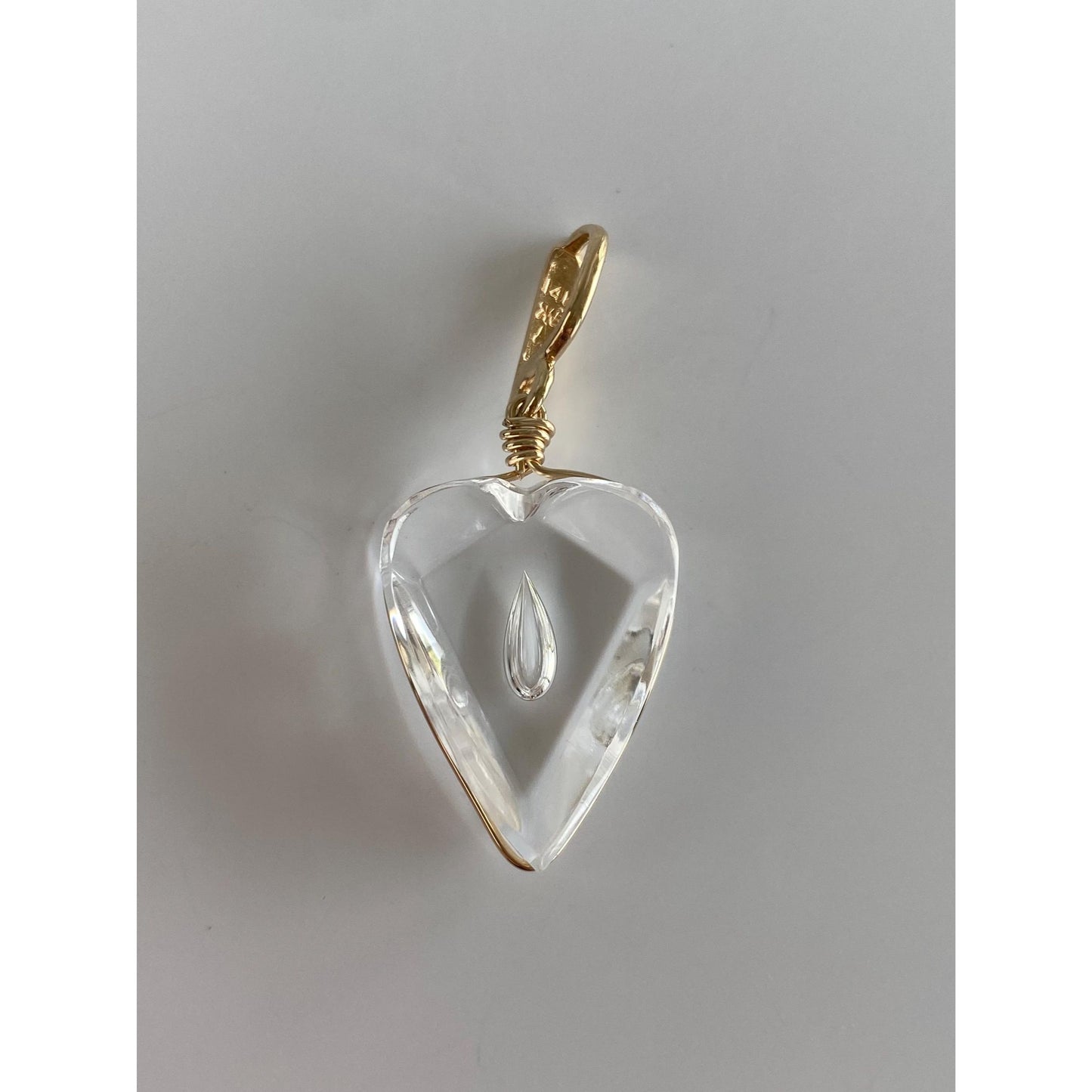 Vintage Solid 14k Yellow Gold Clear Glass Teardrop Heart Charm