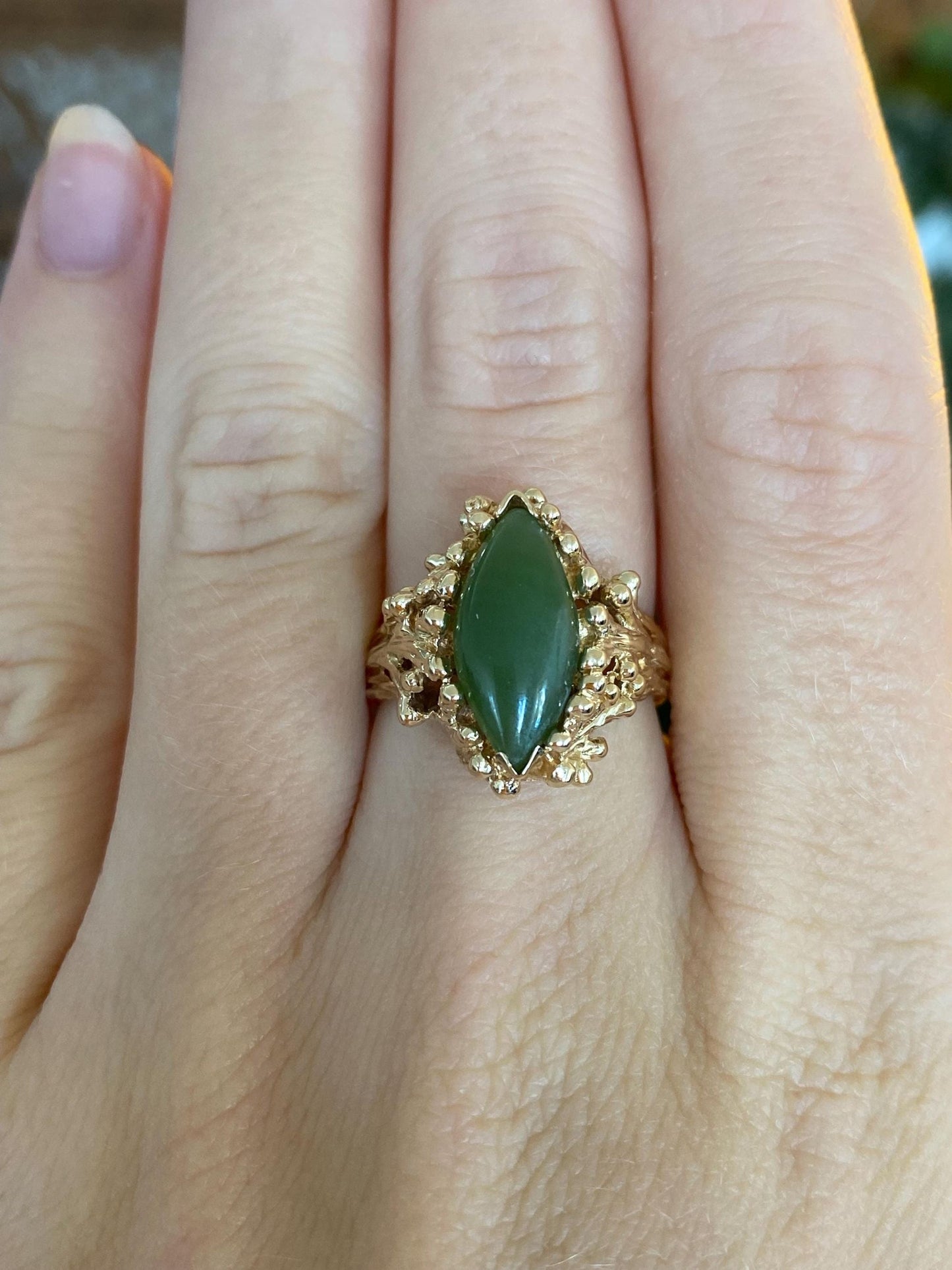 Vintage Solid 14k Yellow Gold Marquis Nephrite Branch Ring - Size 6.5