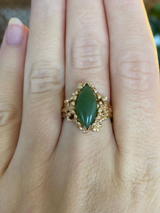 Vintage Solid 14k Yellow Gold Marquis Nephrite Branch Ring - Size 6.5