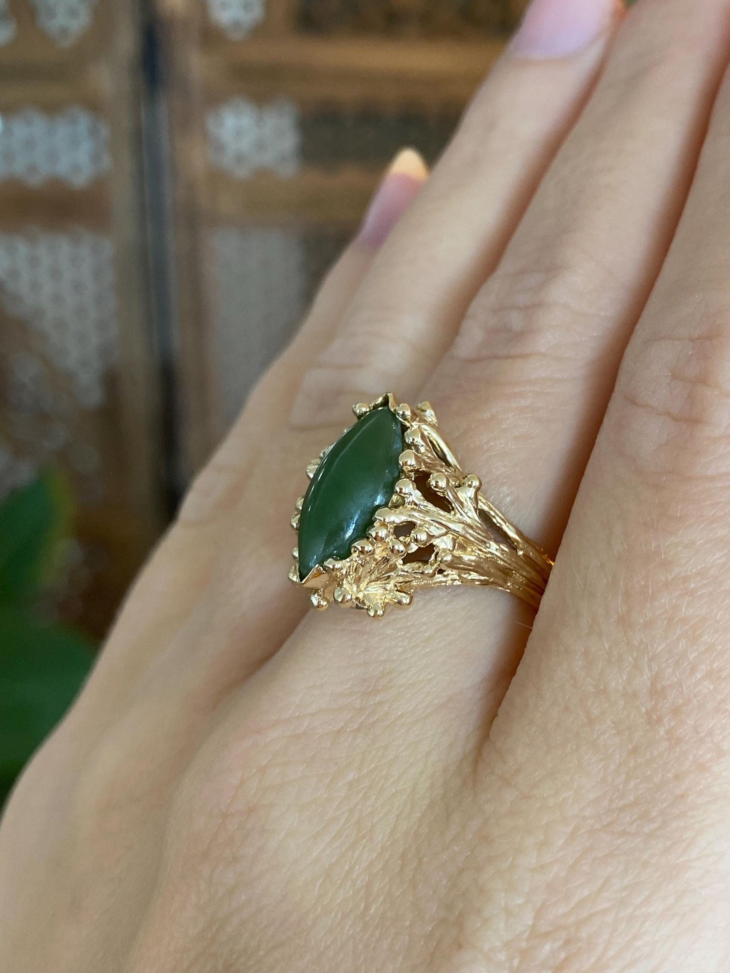 Vintage Solid 14k Yellow Gold Marquis Nephrite Branch Ring - Size 6.5