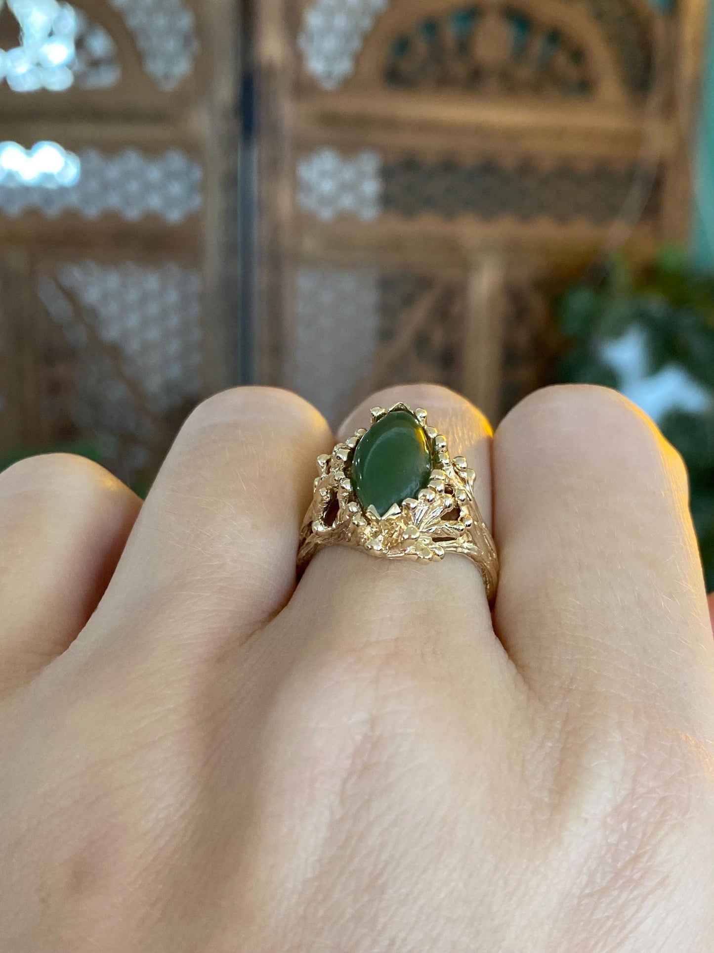 Vintage Solid 14k Yellow Gold Marquis Nephrite Branch Ring - Size 6.5