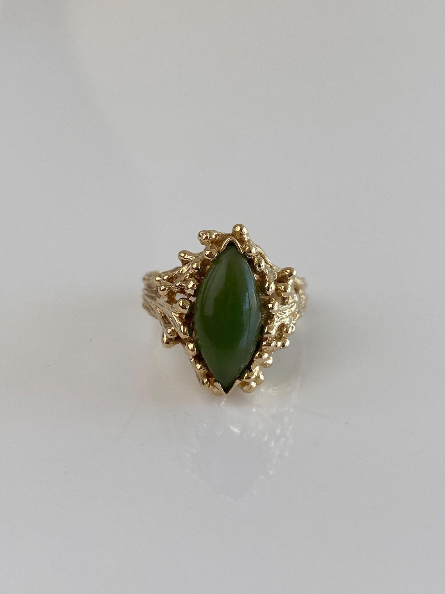 Vintage Solid 14k Yellow Gold Marquis Nephrite Branch Ring - Size 6.5