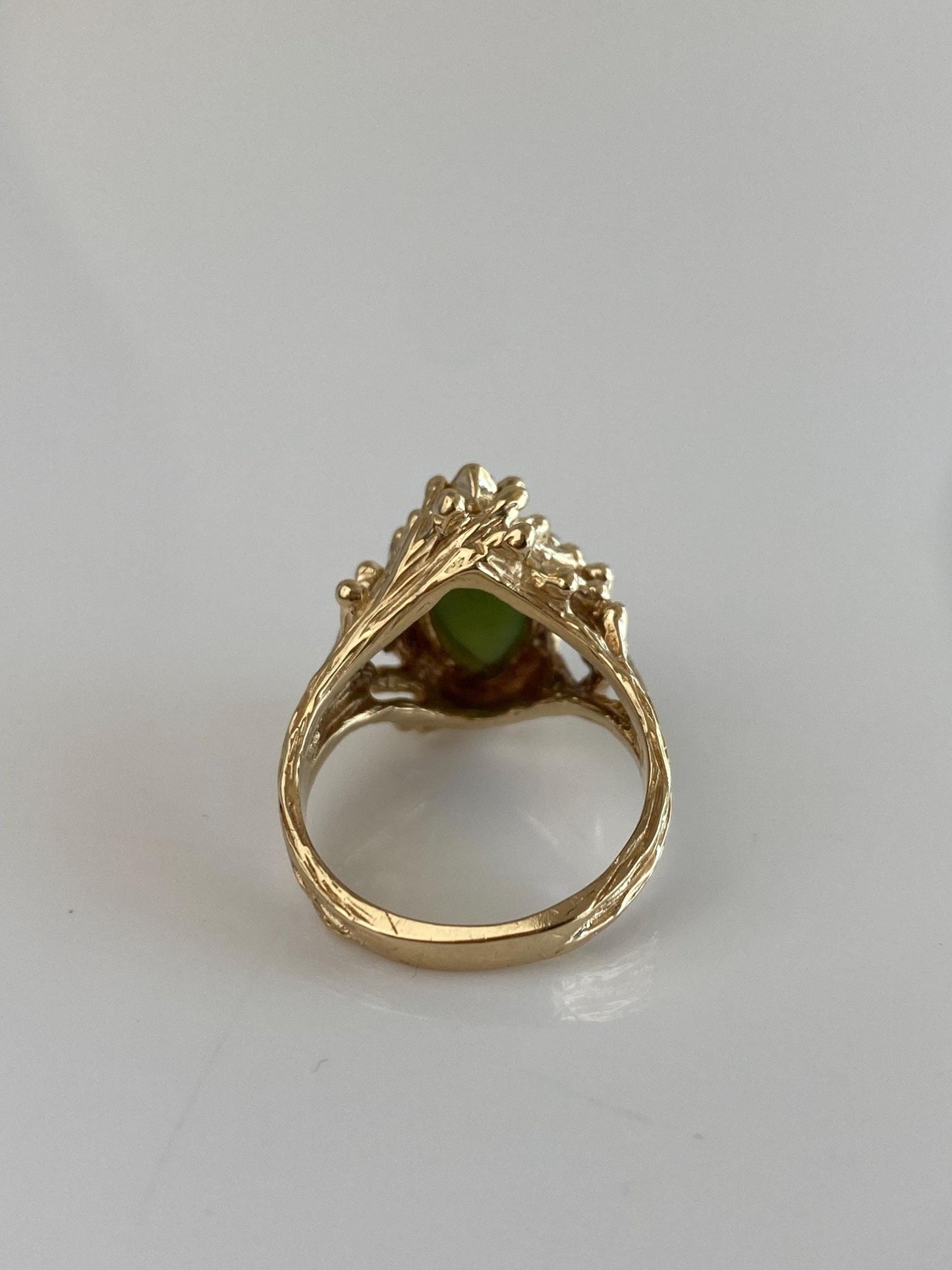 Vintage Solid 14k Yellow Gold Marquis Nephrite Branch Ring - Size 6.5