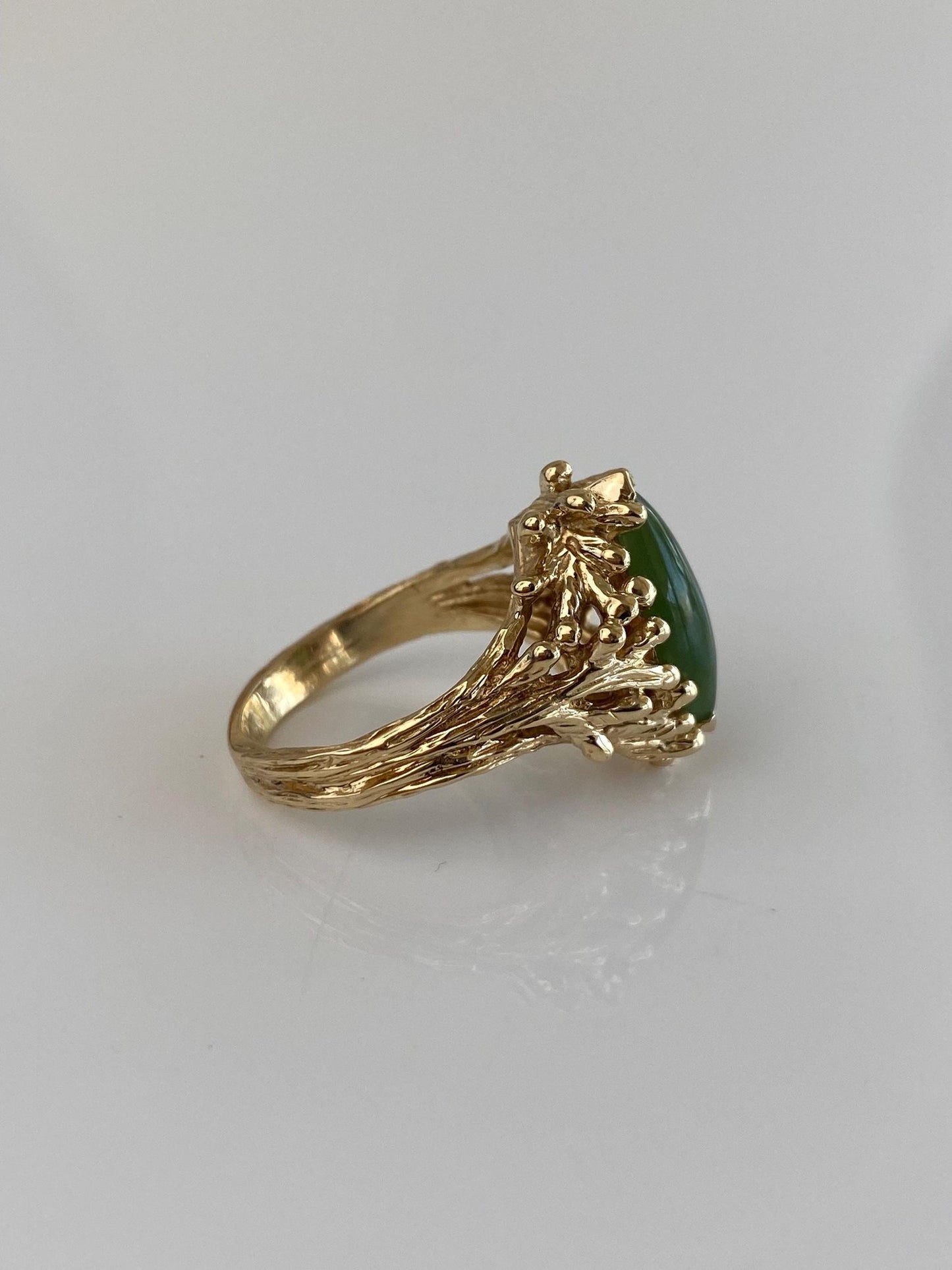 Vintage Solid 14k Yellow Gold Marquis Nephrite Branch Ring - Size 6.5
