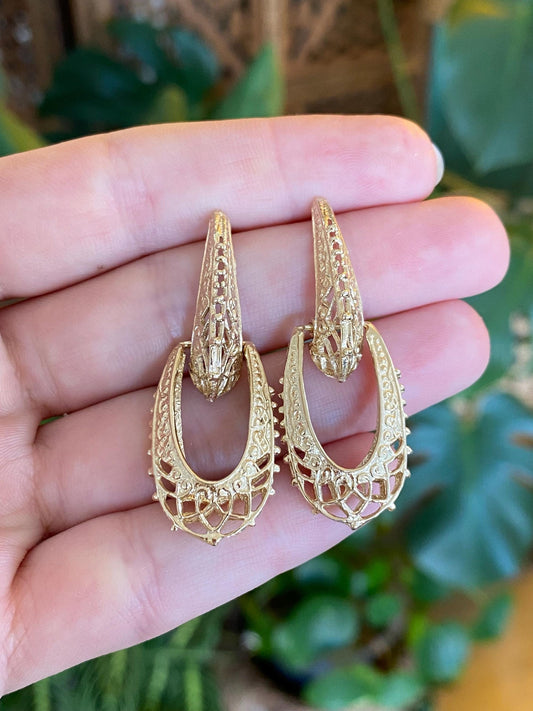Vintage Solid 14k Yellow Gold Open Work Ornate Design Drop Hoop Stud Earrings
