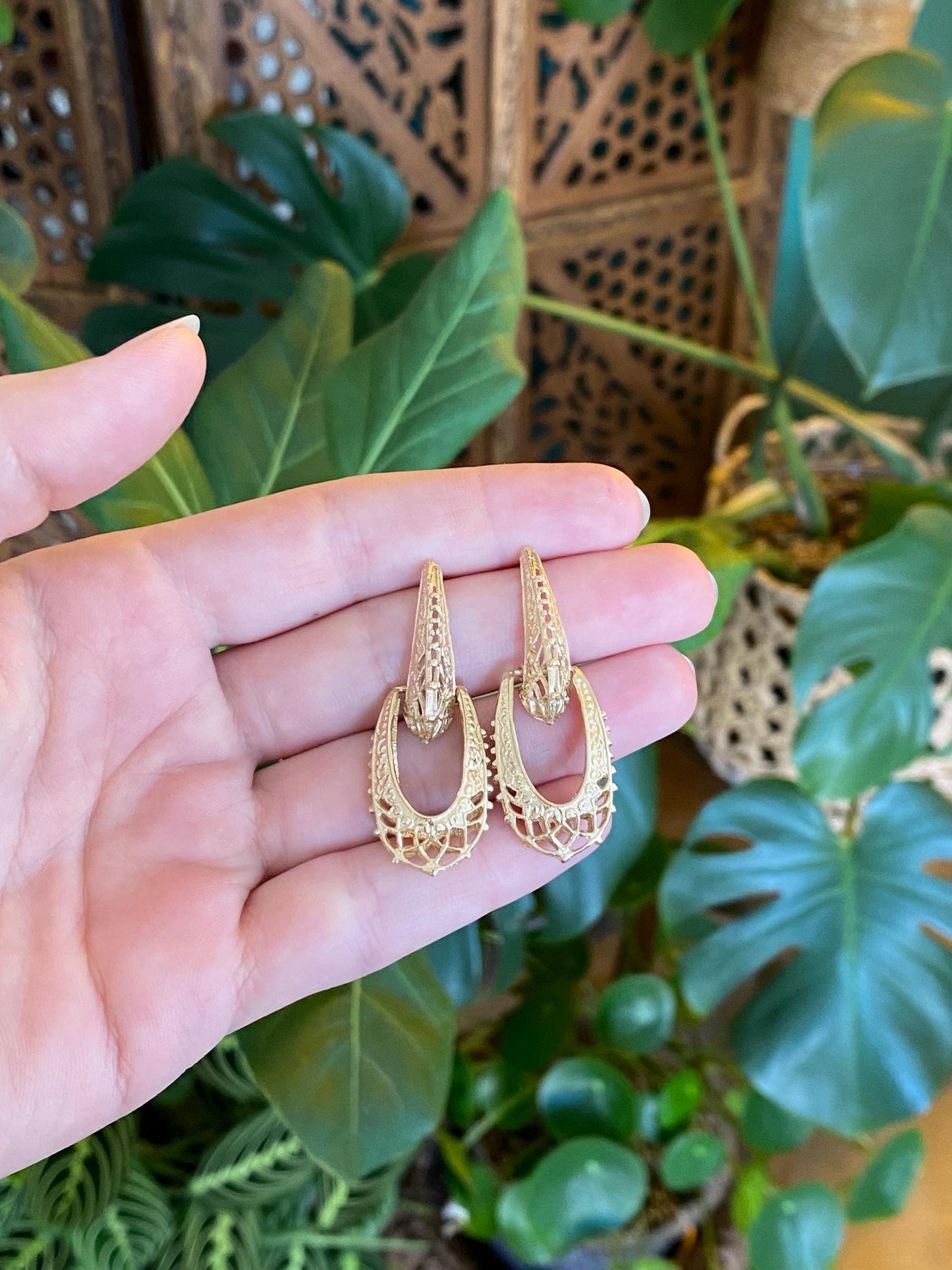 Vintage Solid 14k Yellow Gold Open Work Ornate Design Drop Hoop Stud Earrings