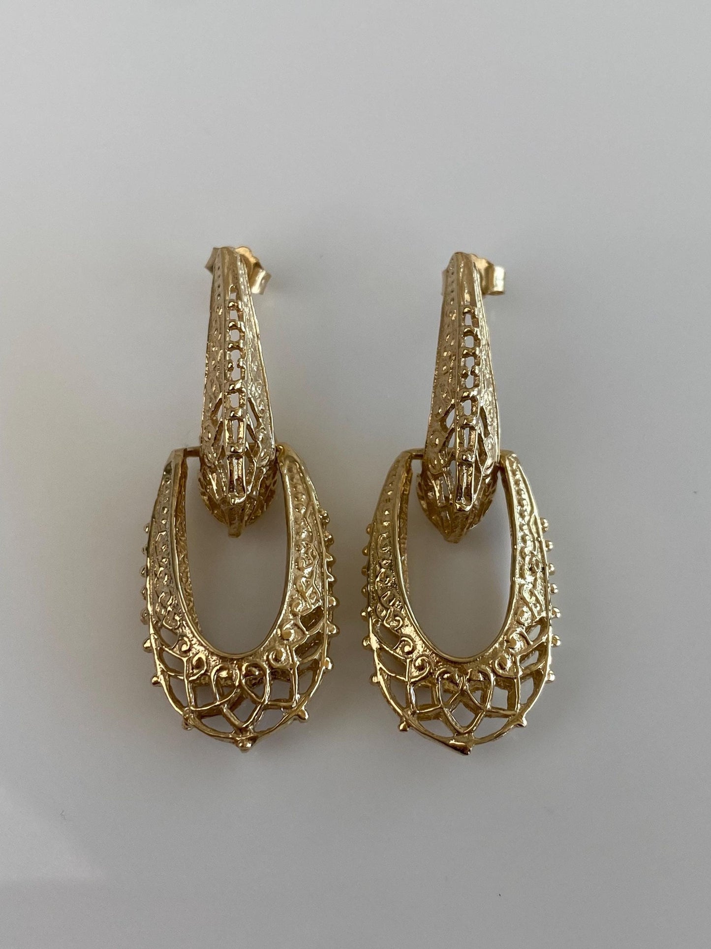 Vintage Solid 14k Yellow Gold Open Work Ornate Design Drop Hoop Stud Earrings