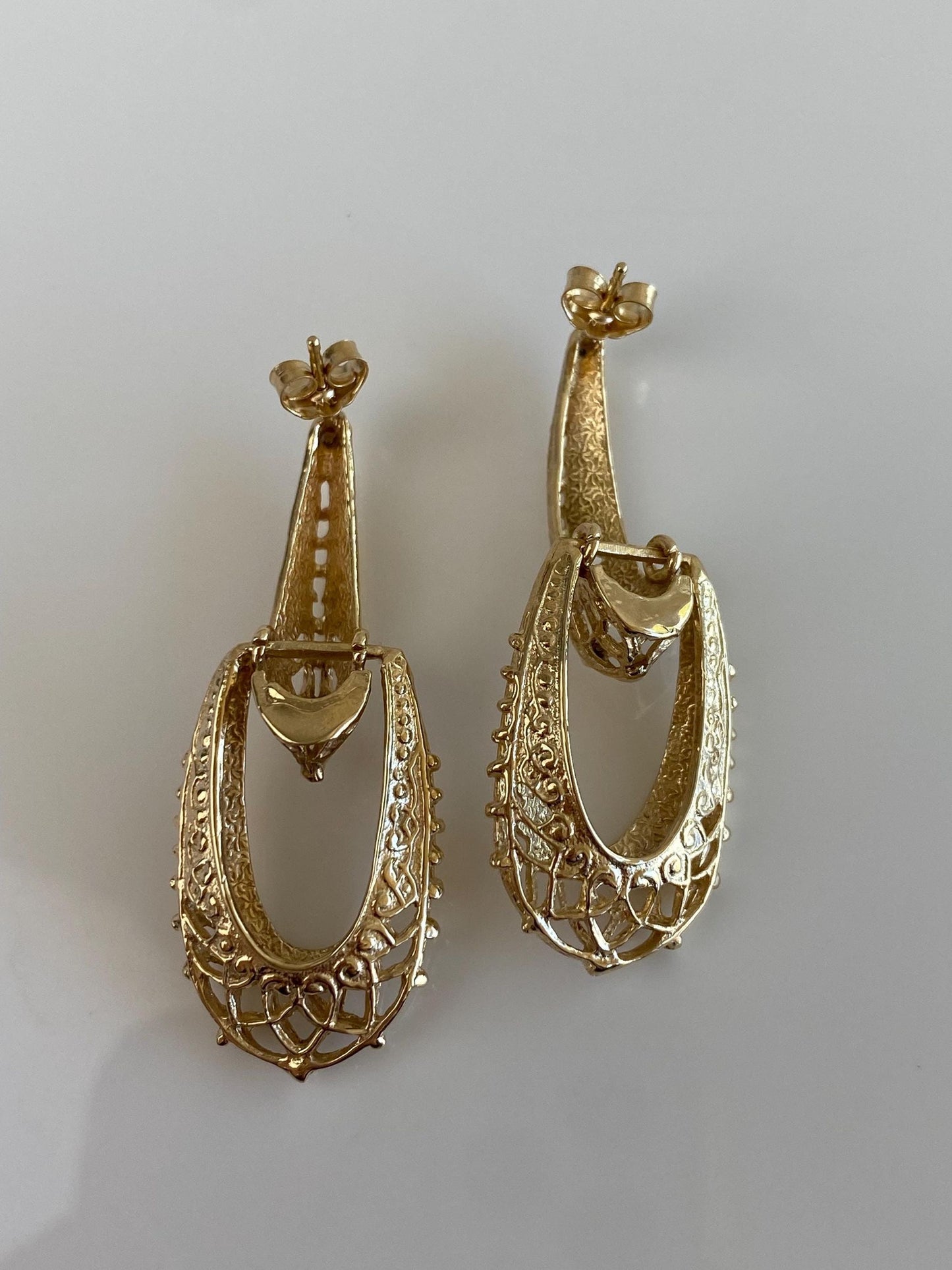 Vintage Solid 14k Yellow Gold Open Work Ornate Design Drop Hoop Stud Earrings