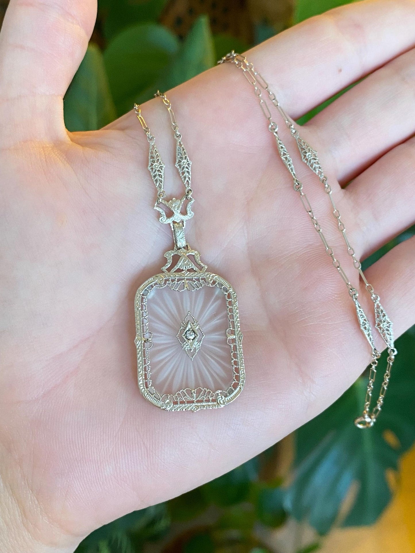 Vintage Solid 14k White Gold Diamond Camphor Glass Art Deco Necklace - 16.5 inches