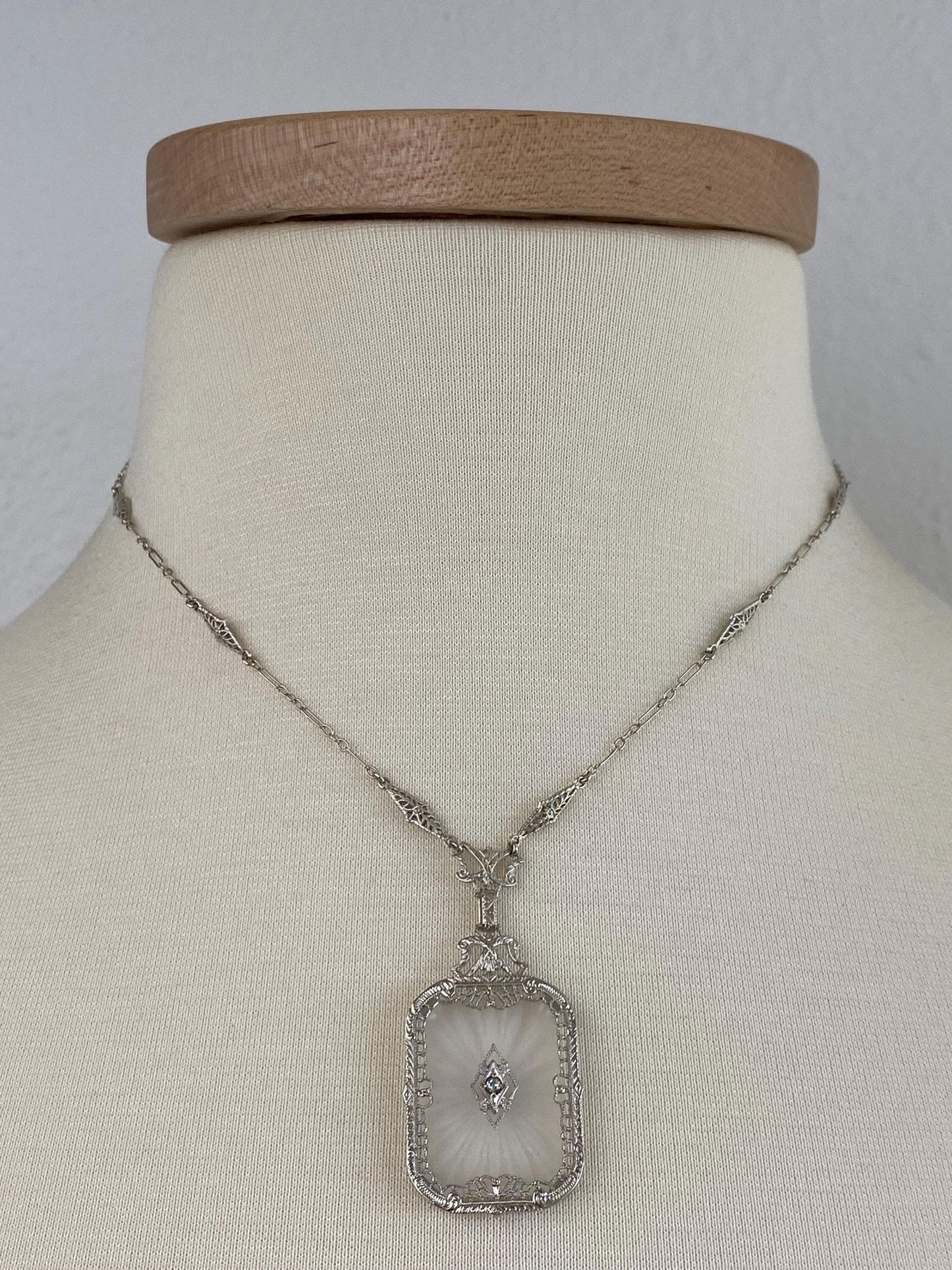 Vintage Solid 14k White Gold Diamond Camphor Glass Art Deco Necklace - 16.5 inches