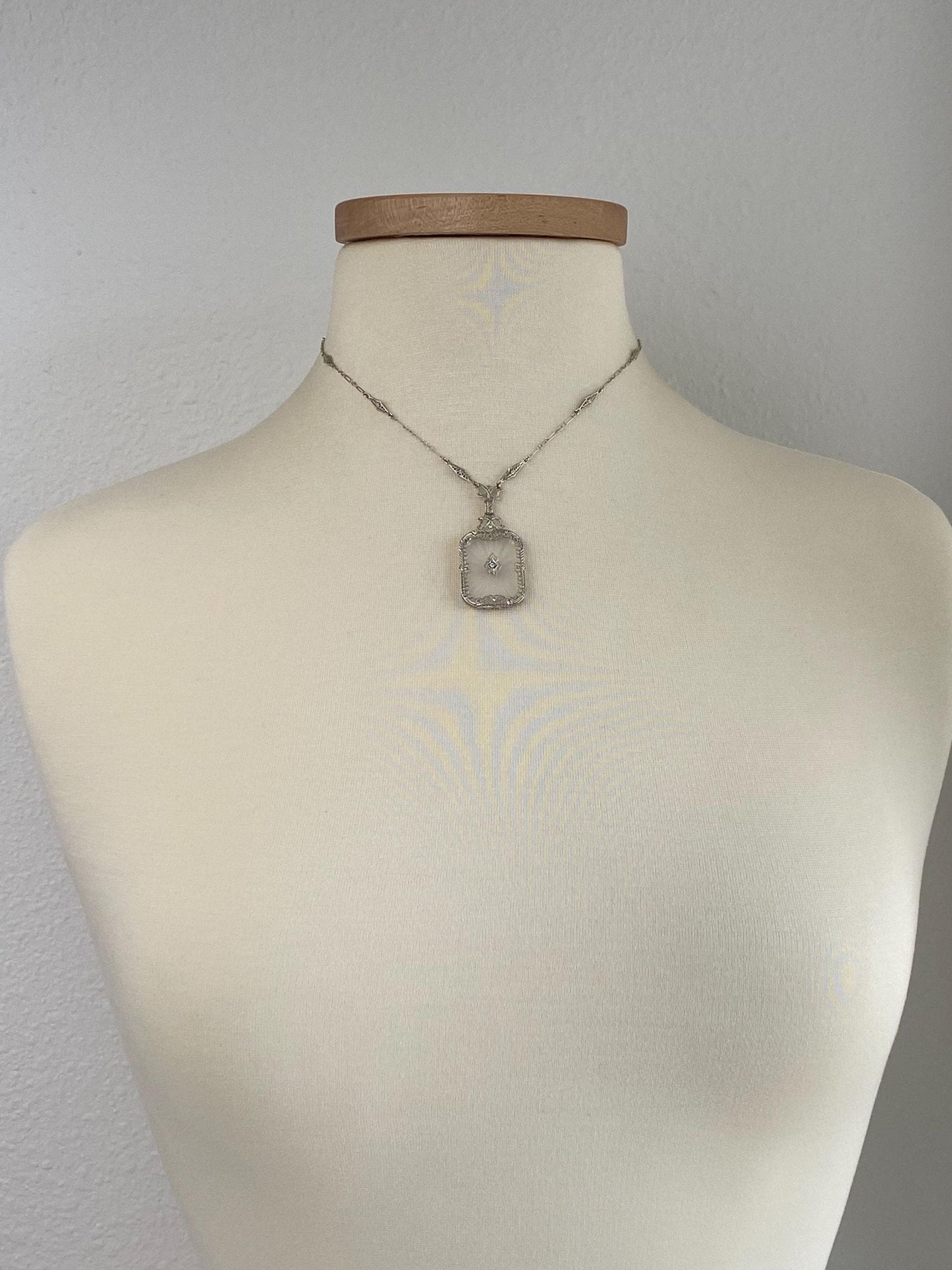Vintage Solid 14k White Gold Diamond Camphor Glass Art Deco Necklace - 16.5 inches
