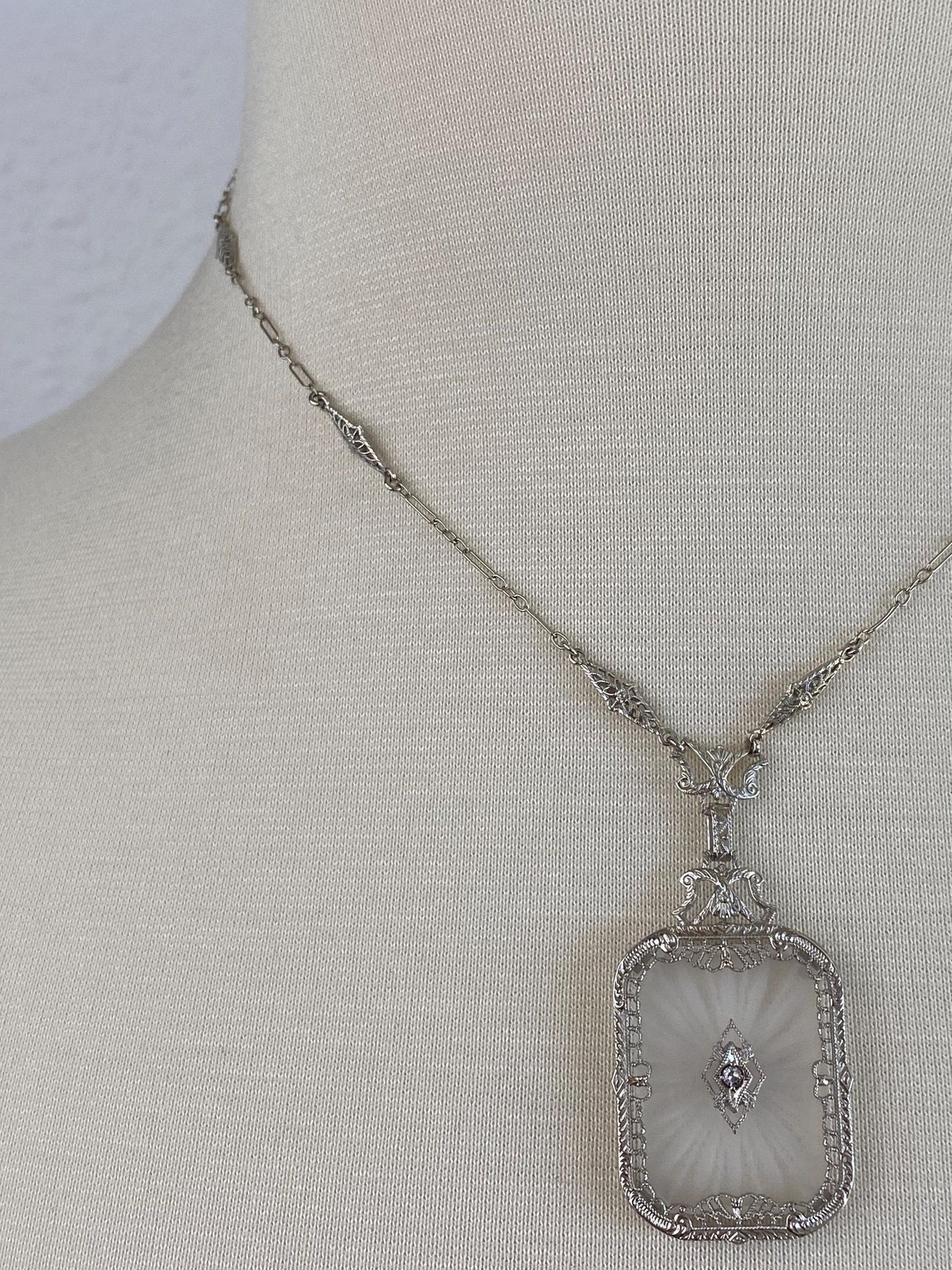 Vintage Solid 14k White Gold Diamond Camphor Glass Art Deco Necklace - 16.5 inches