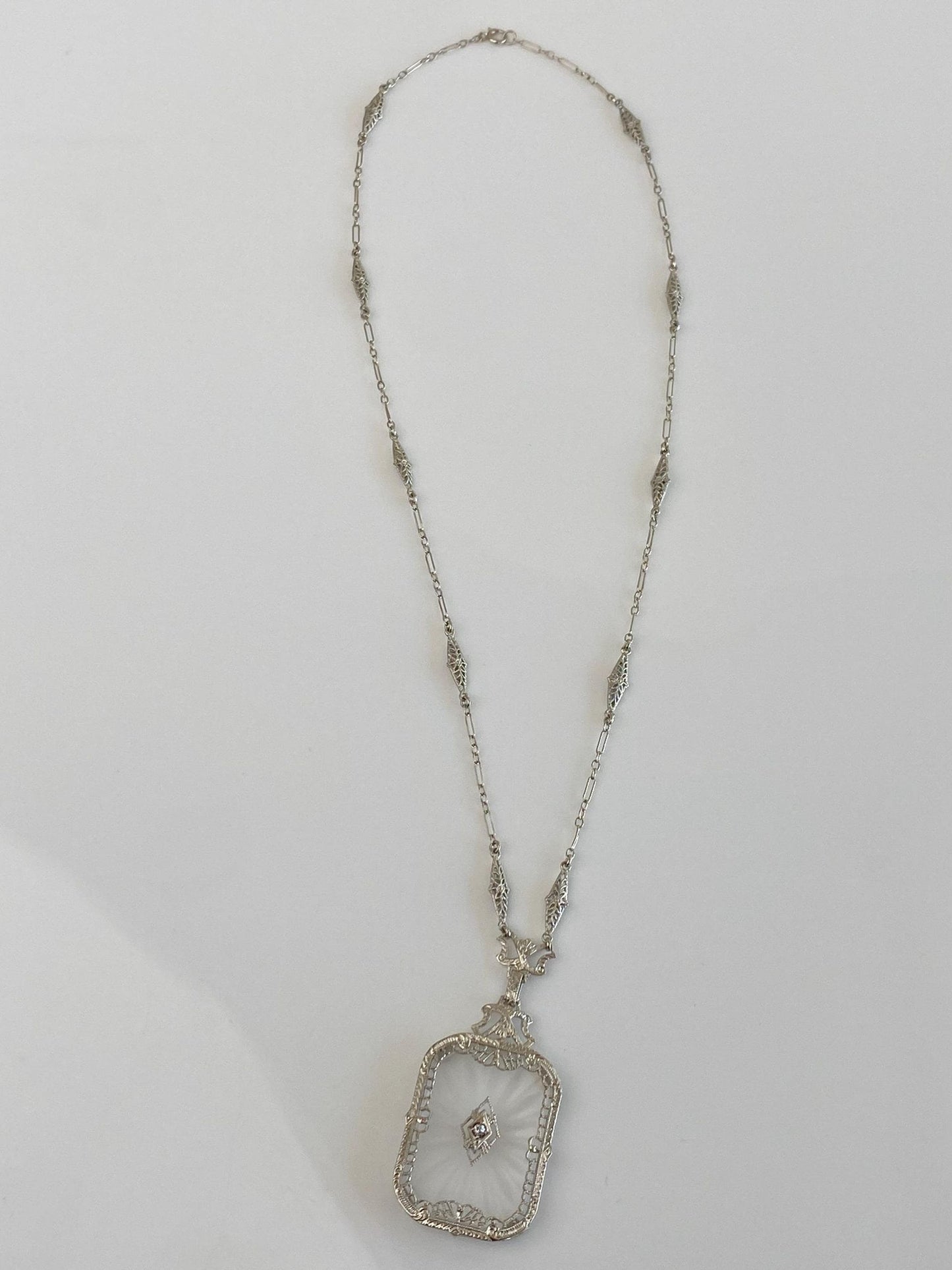 Vintage Solid 14k White Gold Diamond Camphor Glass Art Deco Necklace - 16.5 inches