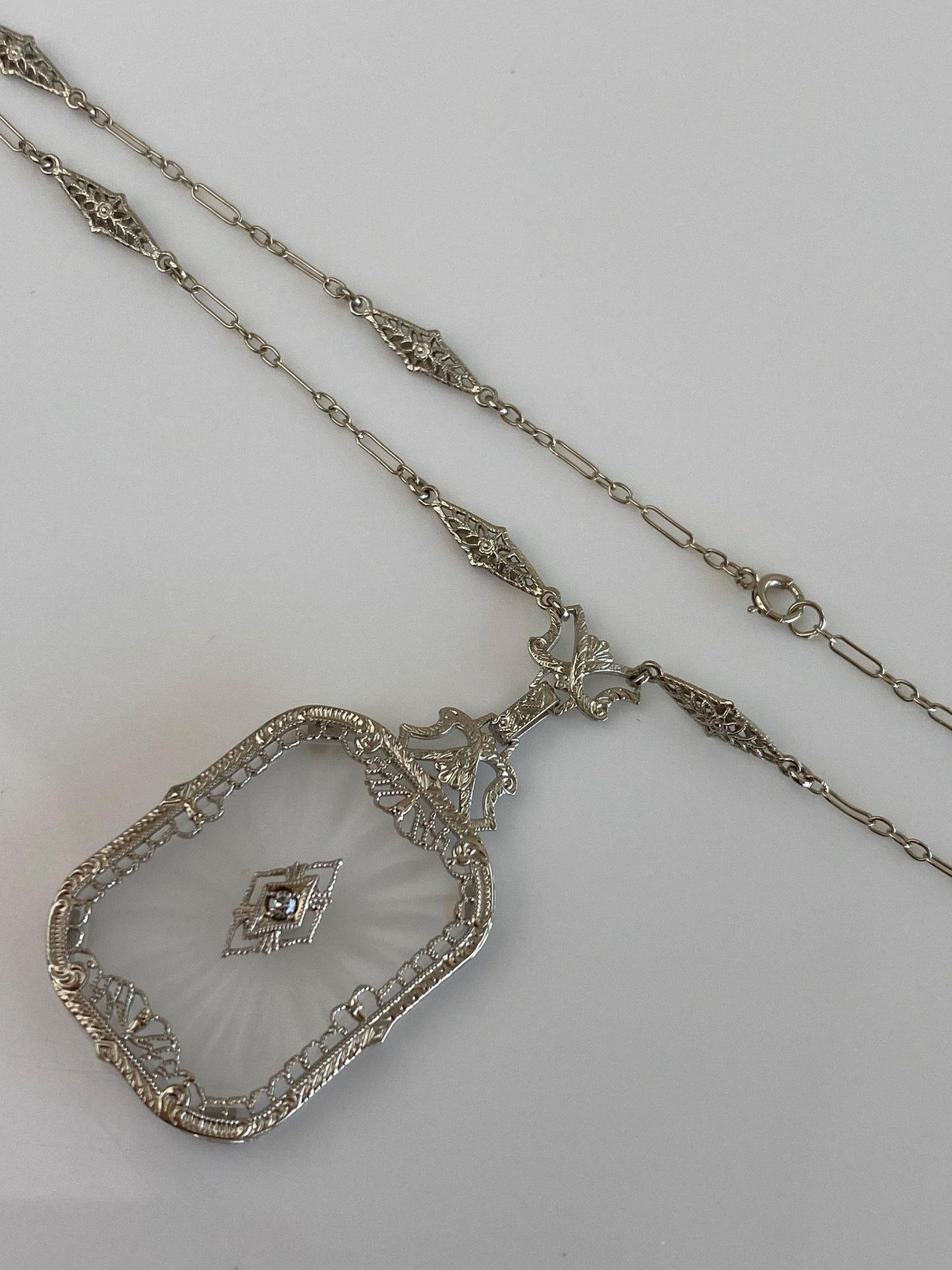 Vintage Solid 14k White Gold Diamond Camphor Glass Art Deco Necklace - 16.5 inches