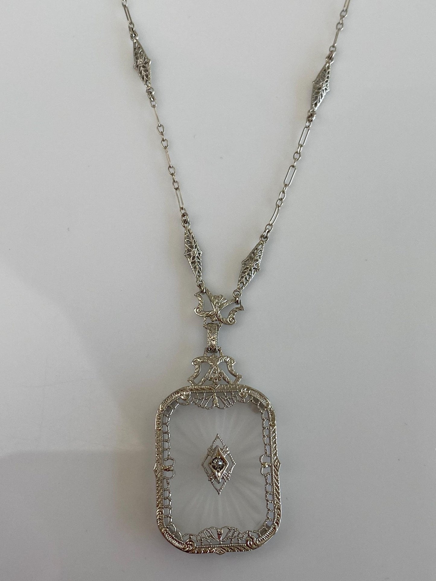 Vintage Solid 14k White Gold Diamond Camphor Glass Art Deco Necklace - 16.5 inches