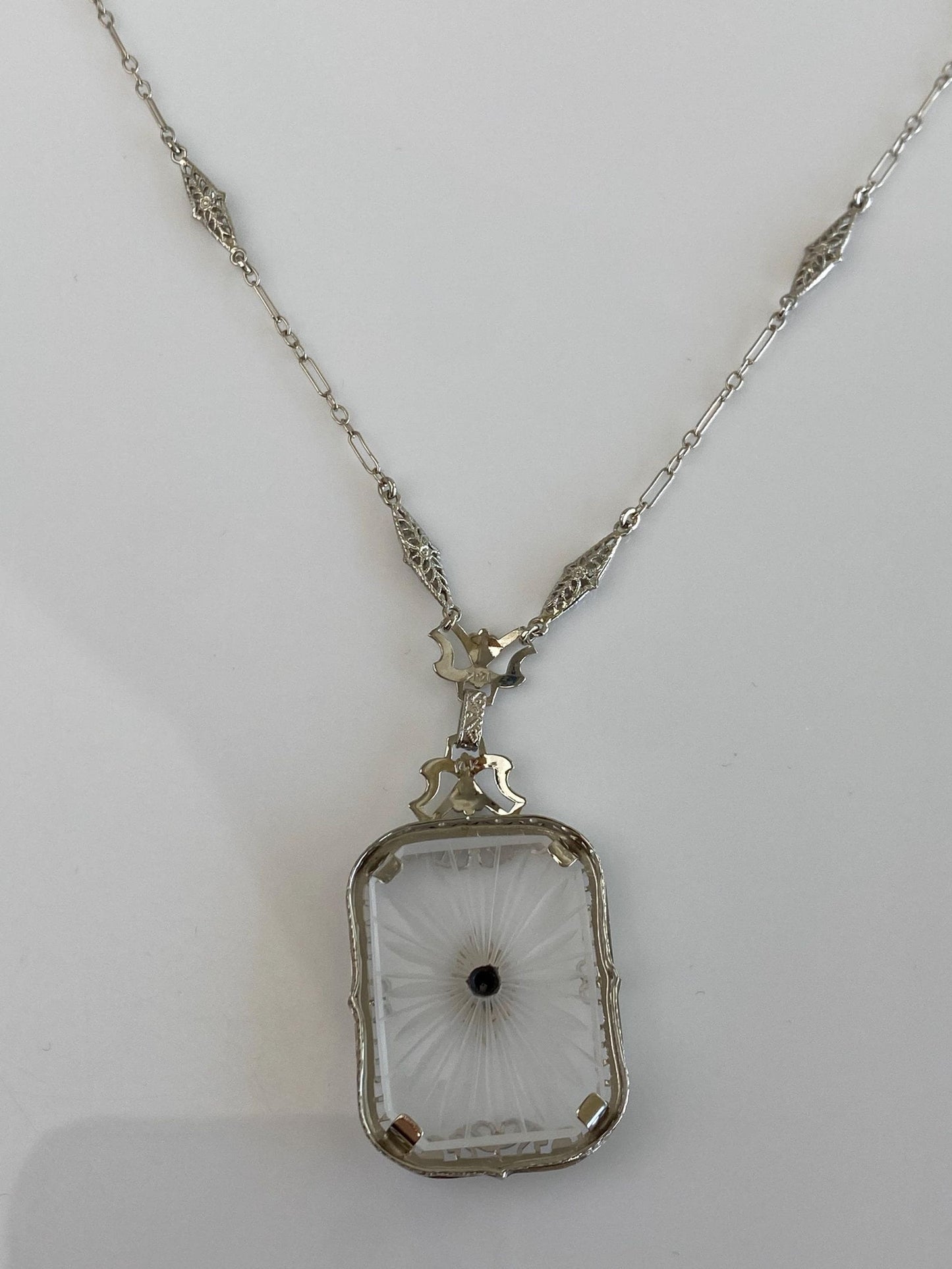 Vintage Solid 14k White Gold Diamond Camphor Glass Art Deco Necklace - 16.5 inches