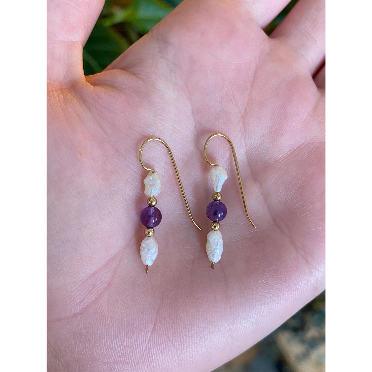 Vintage Solid 14k Yellow Gold Amethyst Pearl Gold Bead Dangle Earrings