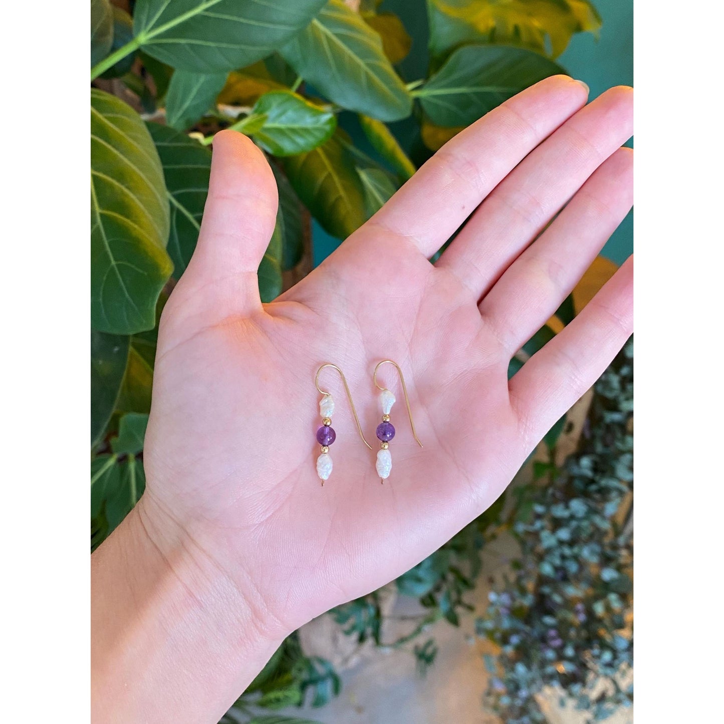 Vintage Solid 14k Yellow Gold Amethyst Pearl Gold Bead Dangle Earrings