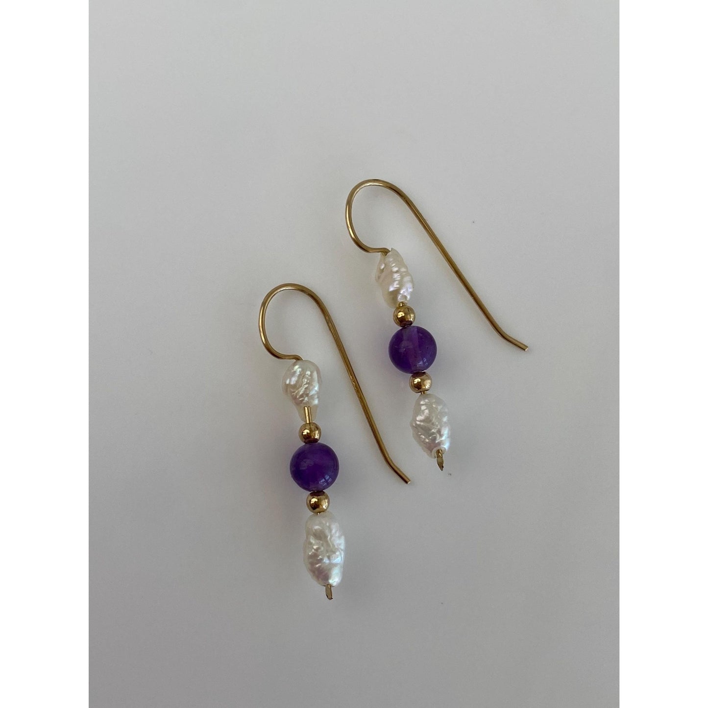 Vintage Solid 14k Yellow Gold Amethyst Pearl Gold Bead Dangle Earrings
