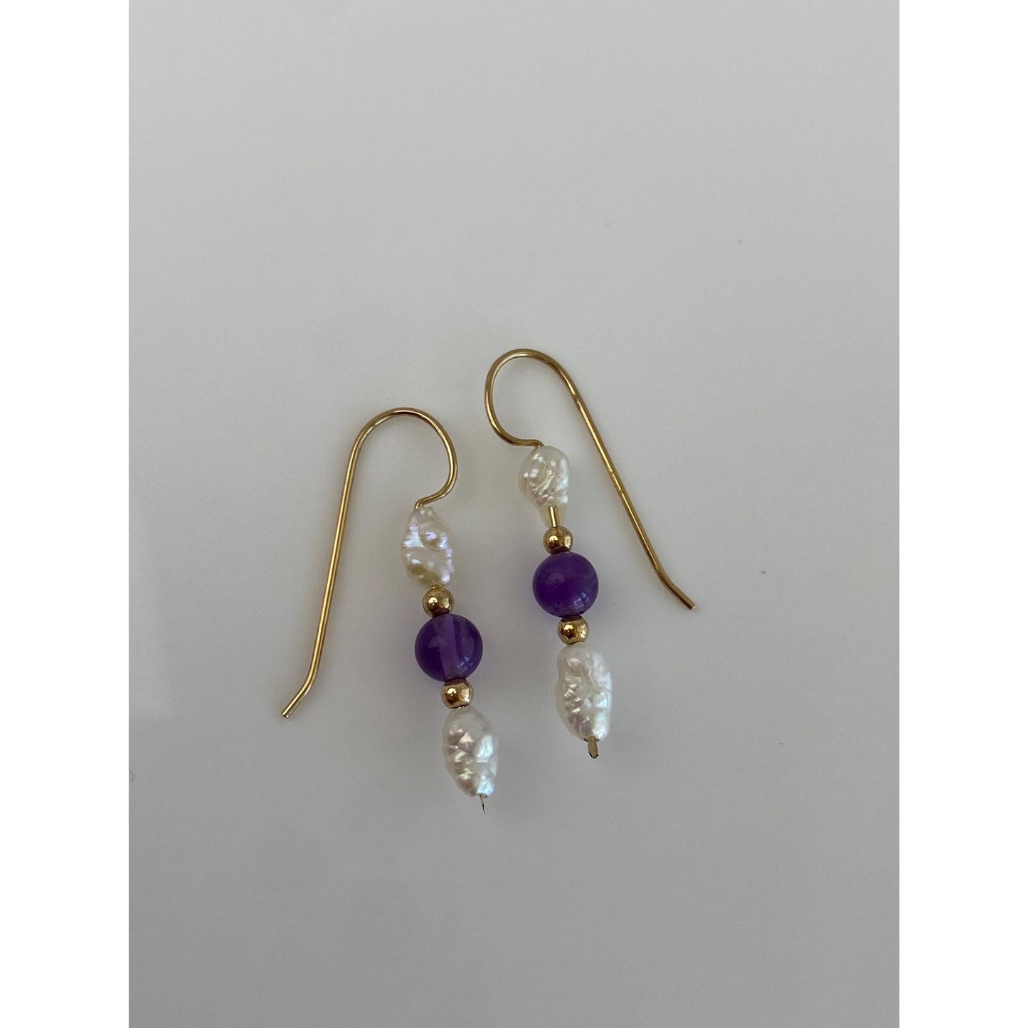 Vintage Solid 14k Yellow Gold Amethyst Pearl Gold Bead Dangle Earrings