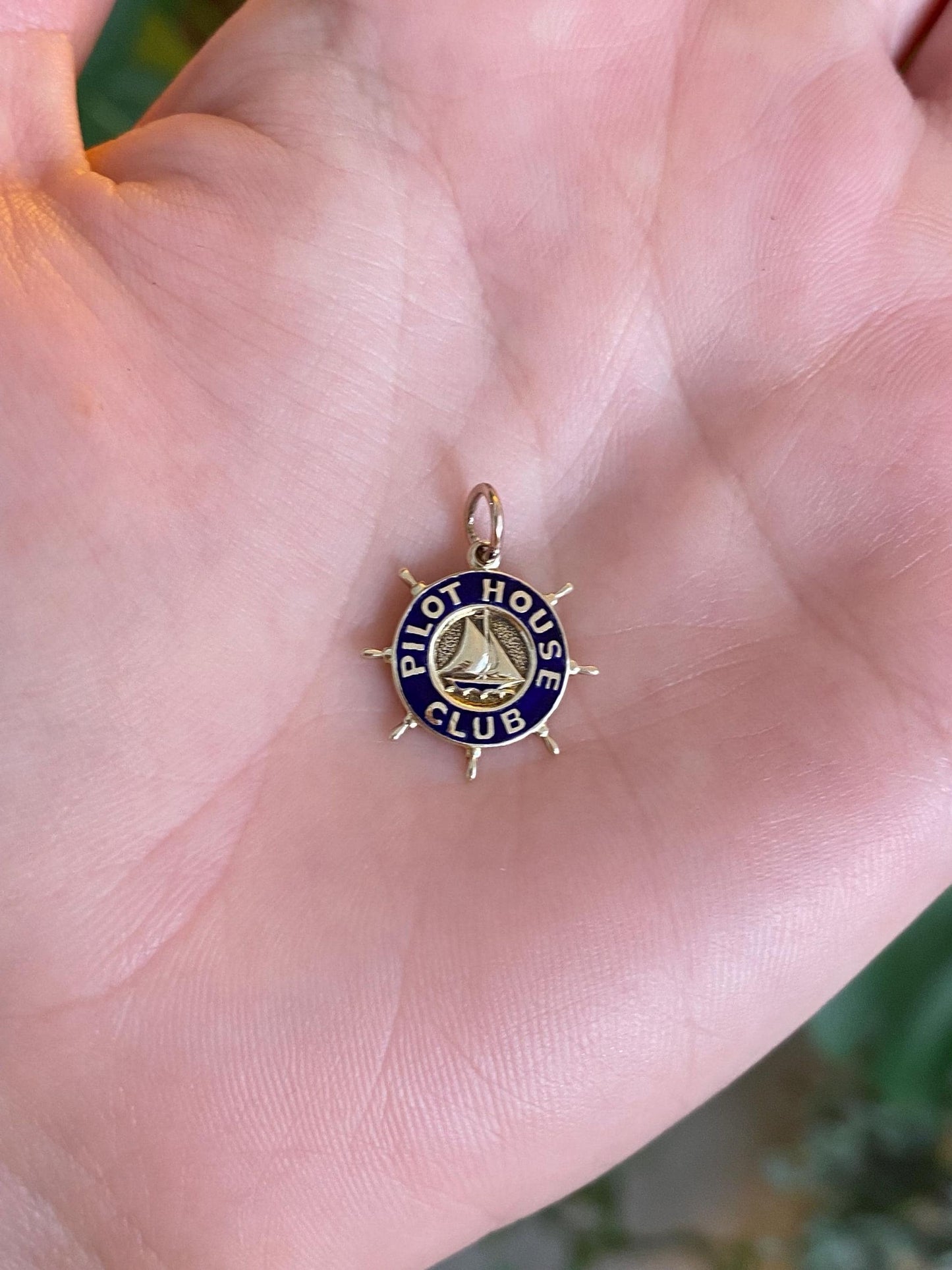 Vintage Solid 9k White Gold Enamel Sailing 'Pilot House Club' Charm