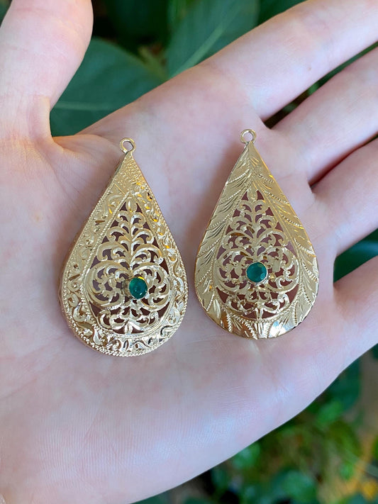 Vintage Solid 18k Yellow Gold Emerald Diamond Cut Teardrop Earring Jackets