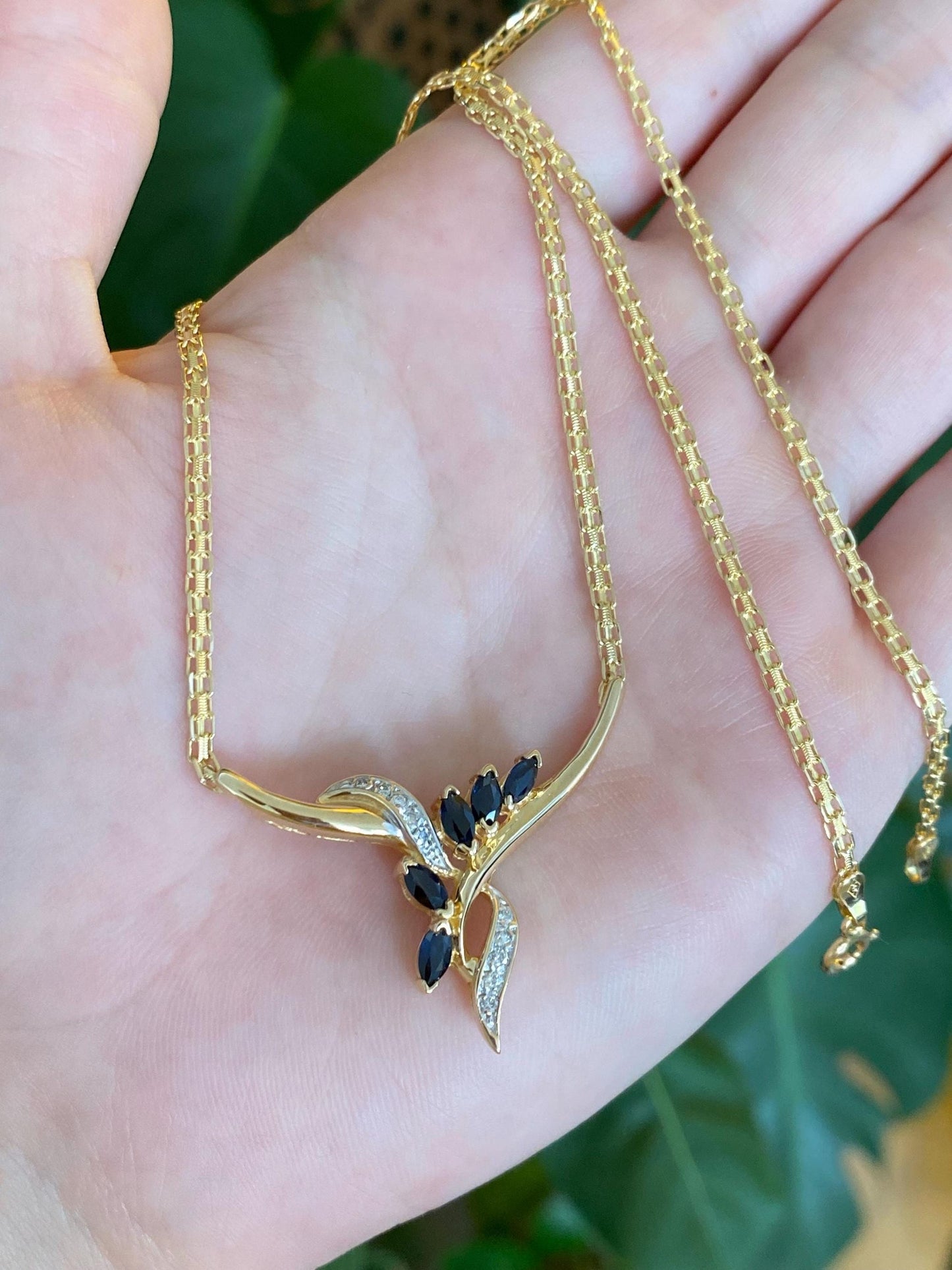 Vintage Solid 14k White & Yellow Gold Diamond Blue Sapphire Bismark Chain Necklace - 16.5 inches