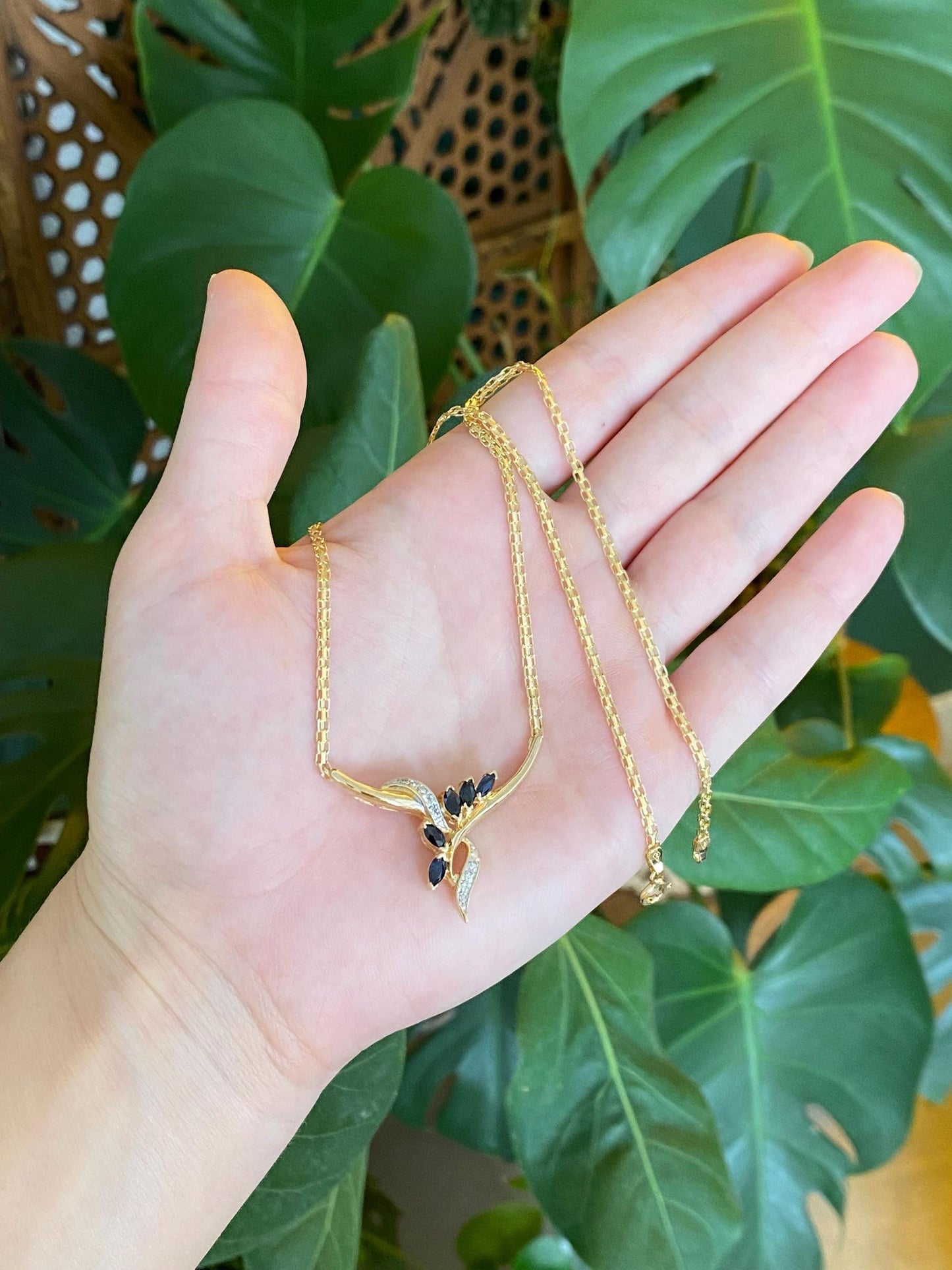 Vintage Solid 14k White & Yellow Gold Diamond Blue Sapphire Bismark Chain Necklace - 16.5 inches