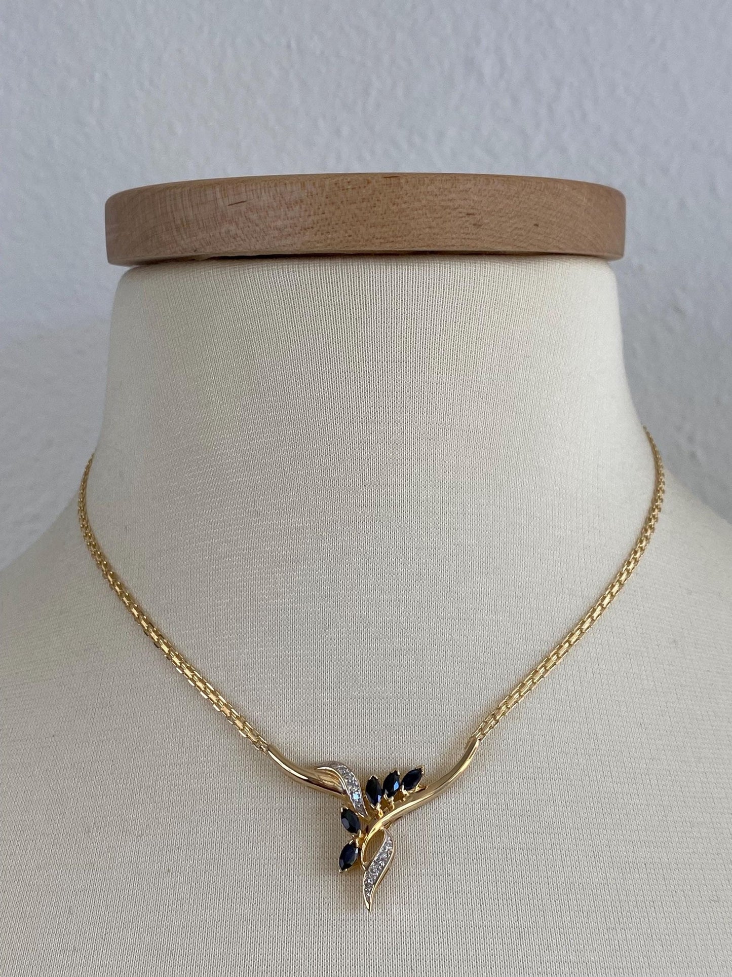 Vintage Solid 14k White & Yellow Gold Diamond Blue Sapphire Bismark Chain Necklace - 16.5 inches