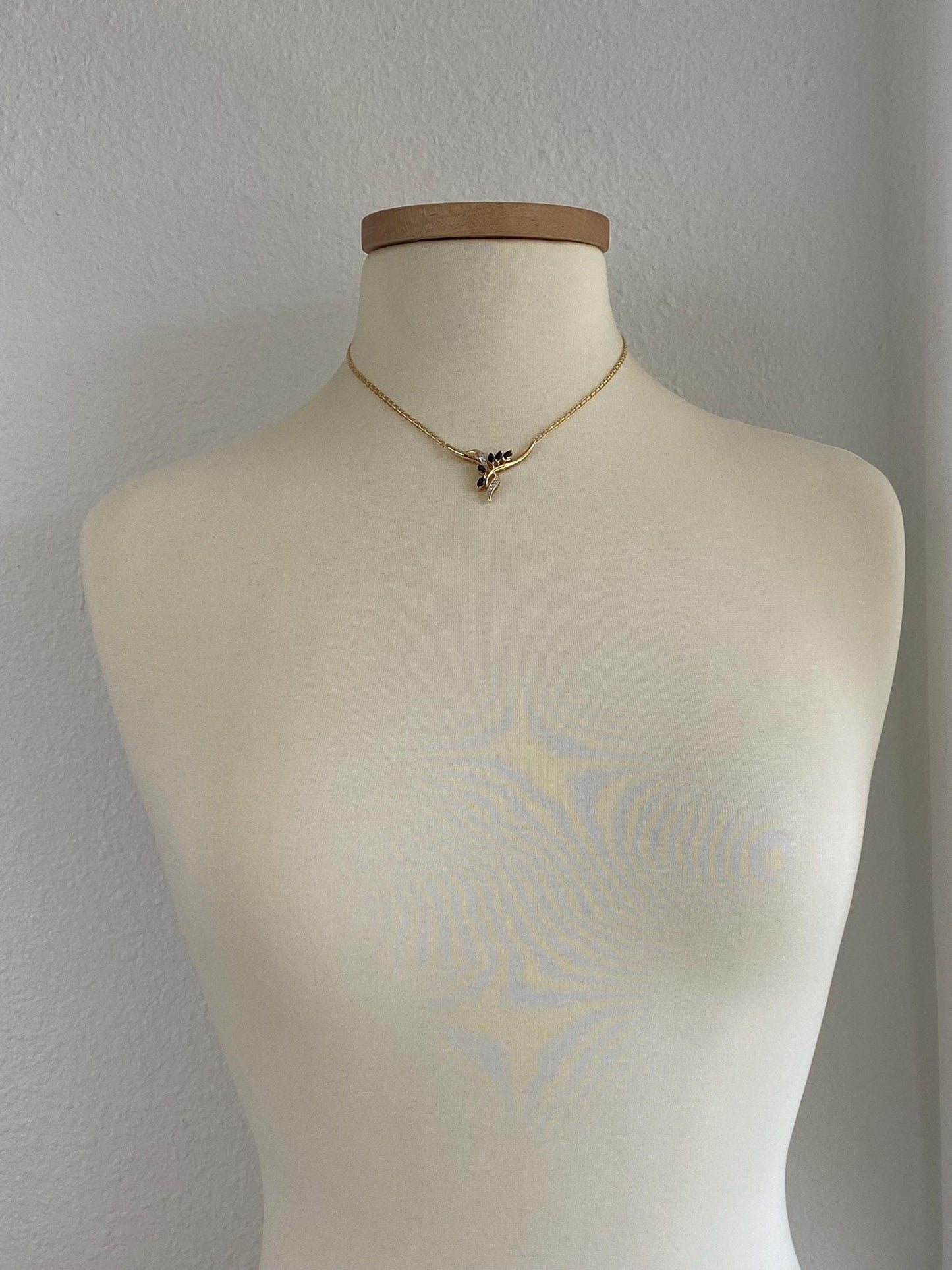 Vintage Solid 14k White & Yellow Gold Diamond Blue Sapphire Bismark Chain Necklace - 16.5 inches