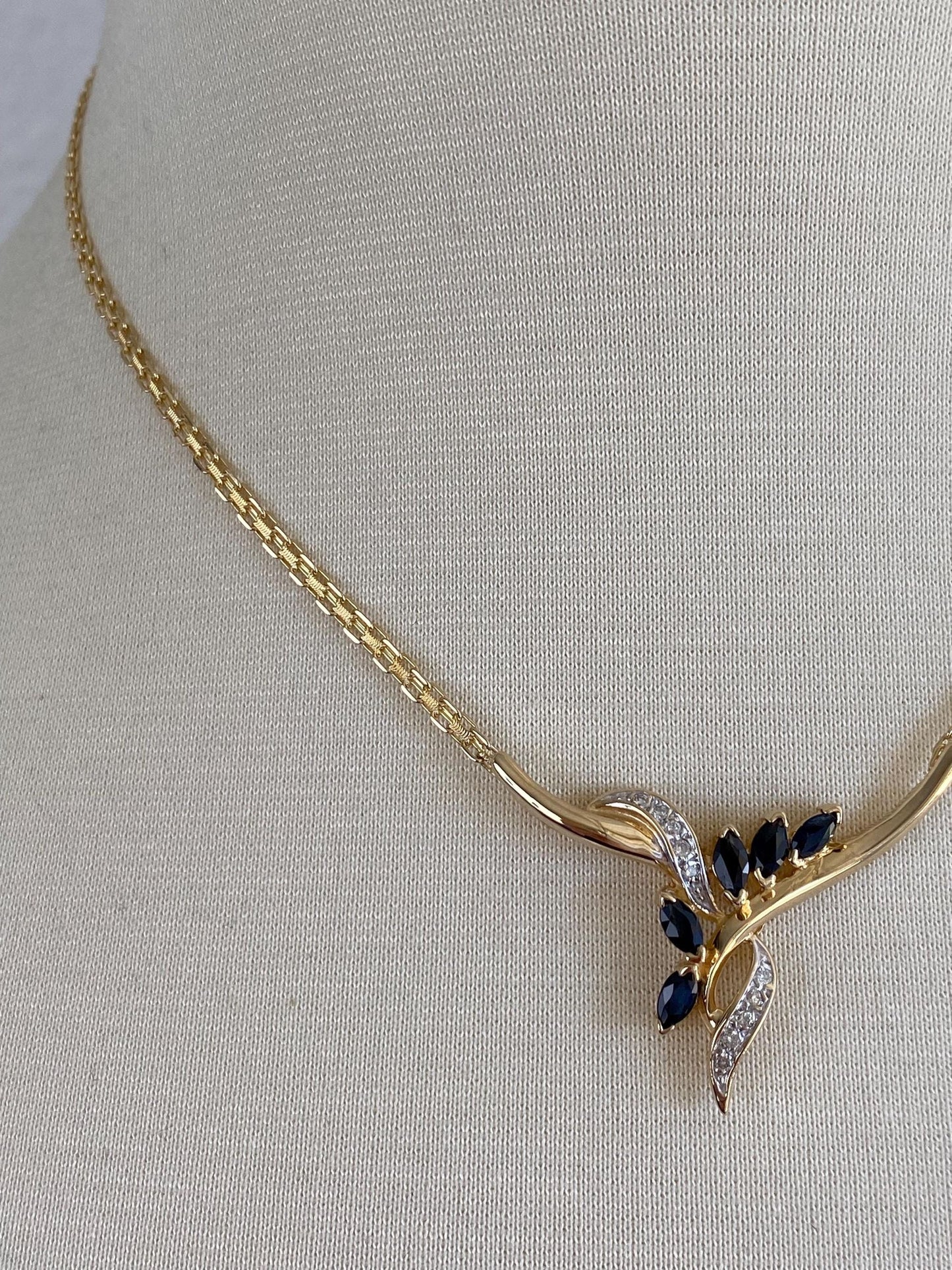 Vintage Solid 14k White & Yellow Gold Diamond Blue Sapphire Bismark Chain Necklace - 16.5 inches