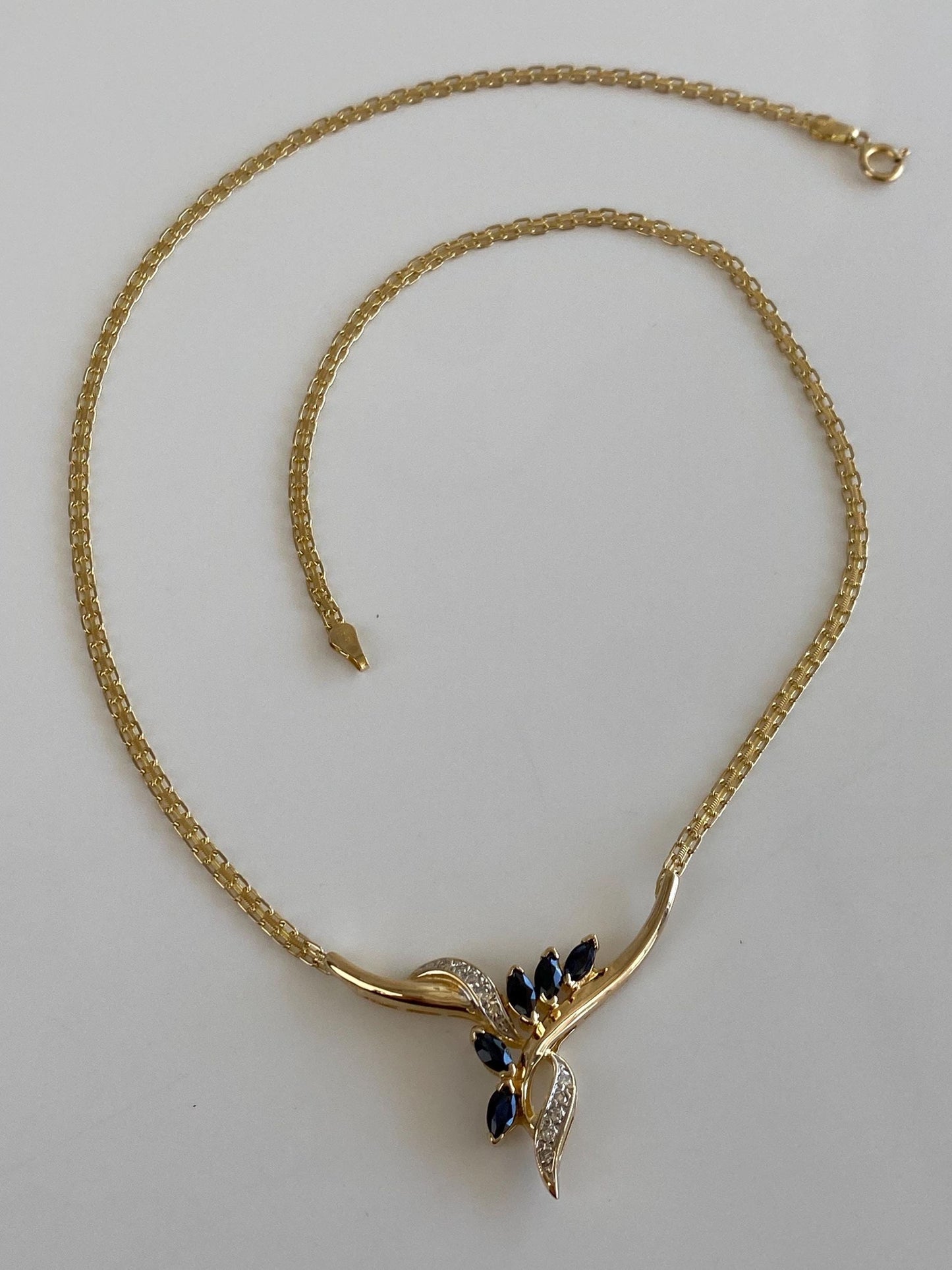 Vintage Solid 14k White & Yellow Gold Diamond Blue Sapphire Bismark Chain Necklace - 16.5 inches