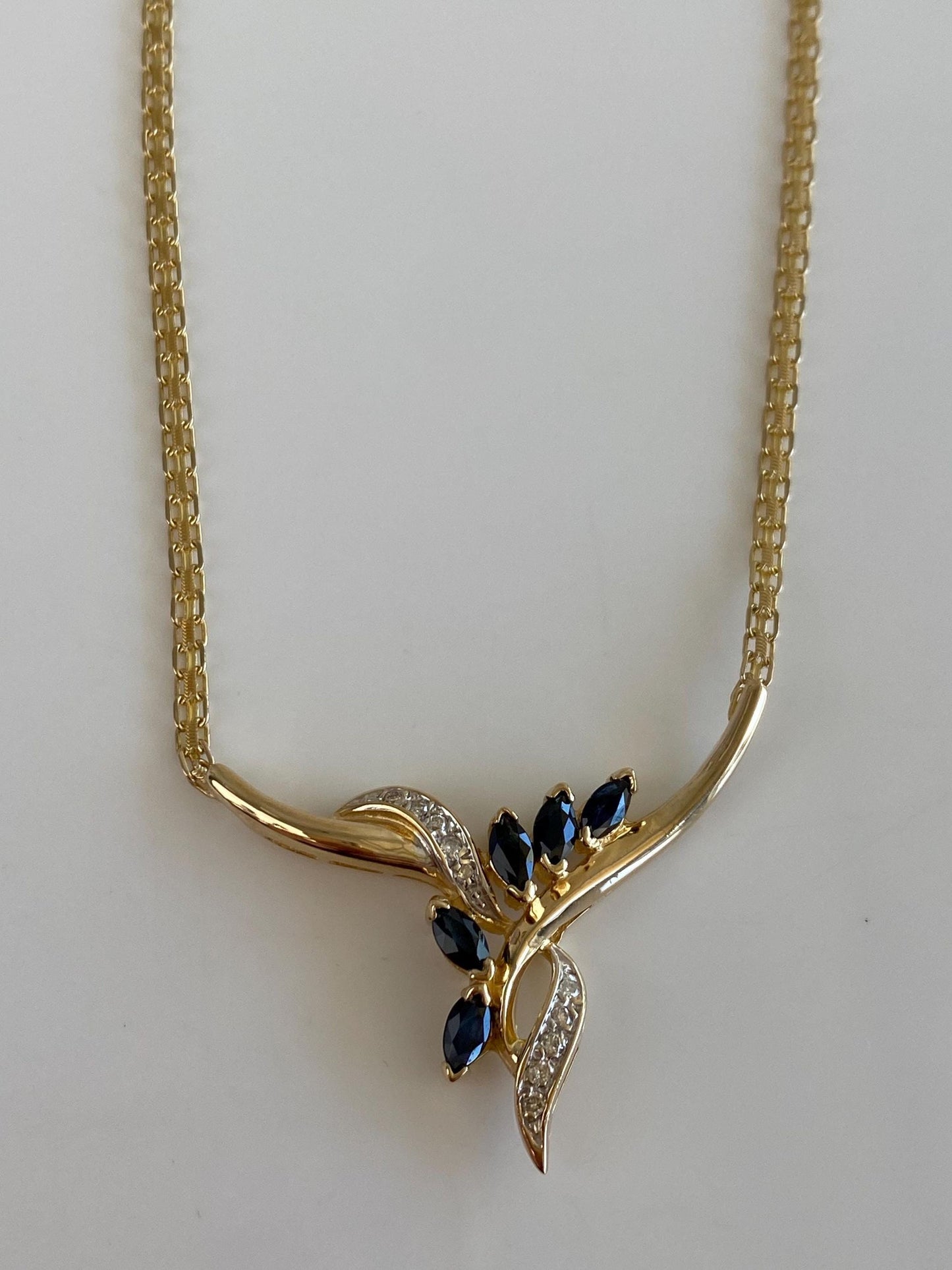 Vintage Solid 14k White & Yellow Gold Diamond Blue Sapphire Bismark Chain Necklace - 16.5 inches