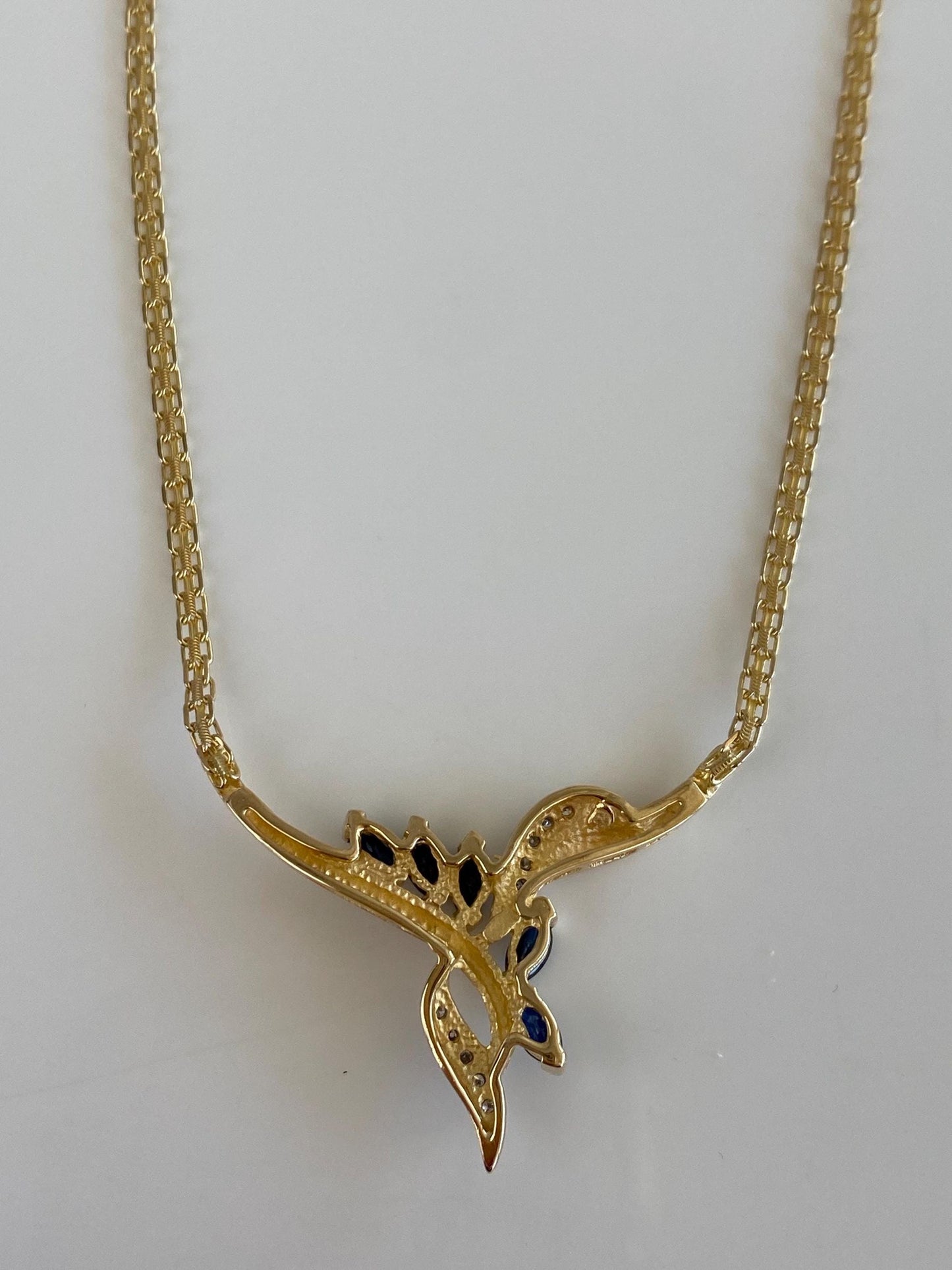 Vintage Solid 14k White & Yellow Gold Diamond Blue Sapphire Bismark Chain Necklace - 16.5 inches