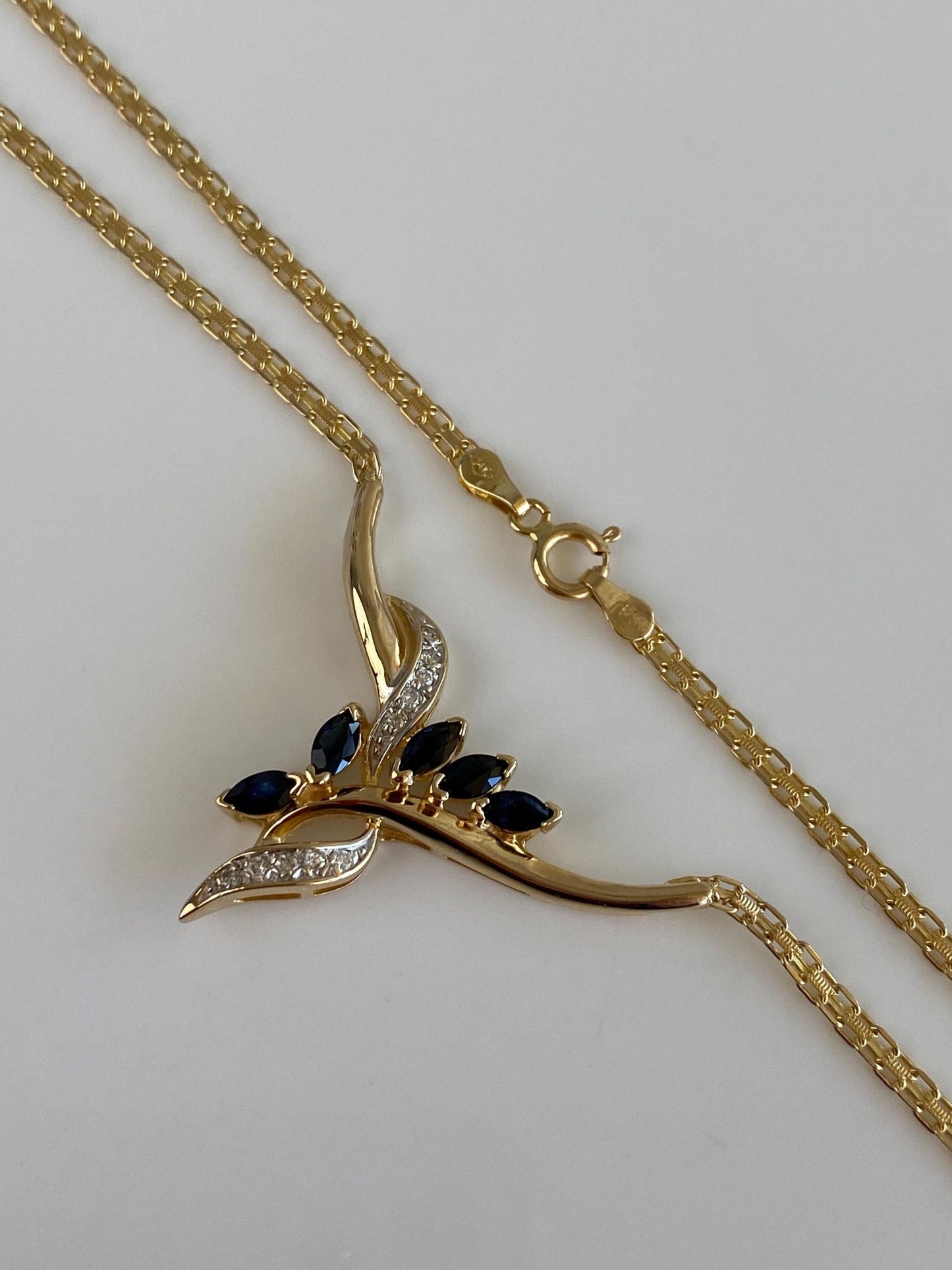 Vintage Solid 14k White & Yellow Gold Diamond Blue Sapphire Bismark Chain Necklace - 16.5 inches