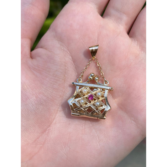 Vintage Solid 14k Yellow Gold Pink Spinel Pearl Articulated Purse Charm
