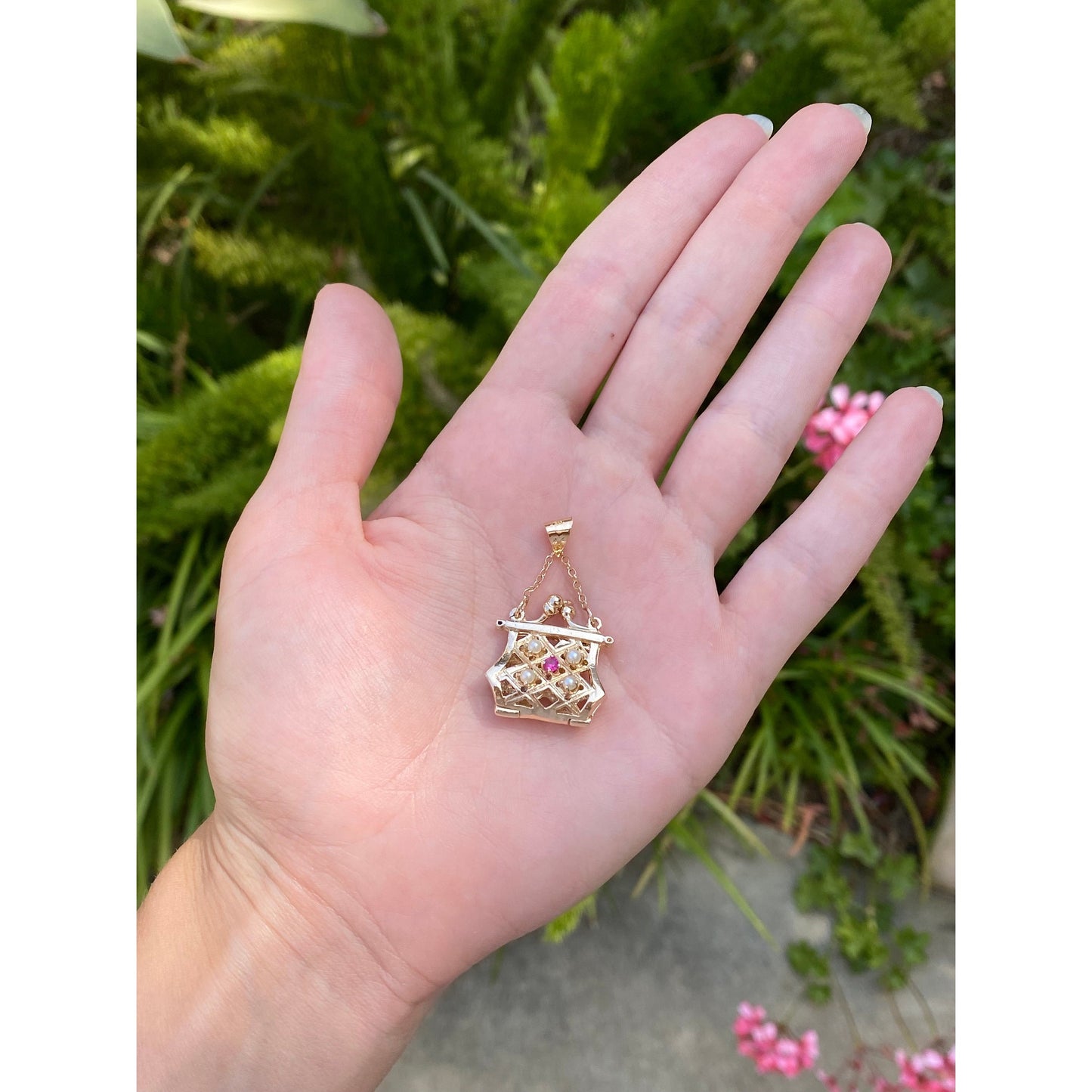 Vintage Solid 14k Yellow Gold Pink Spinel Pearl Articulated Purse Charm