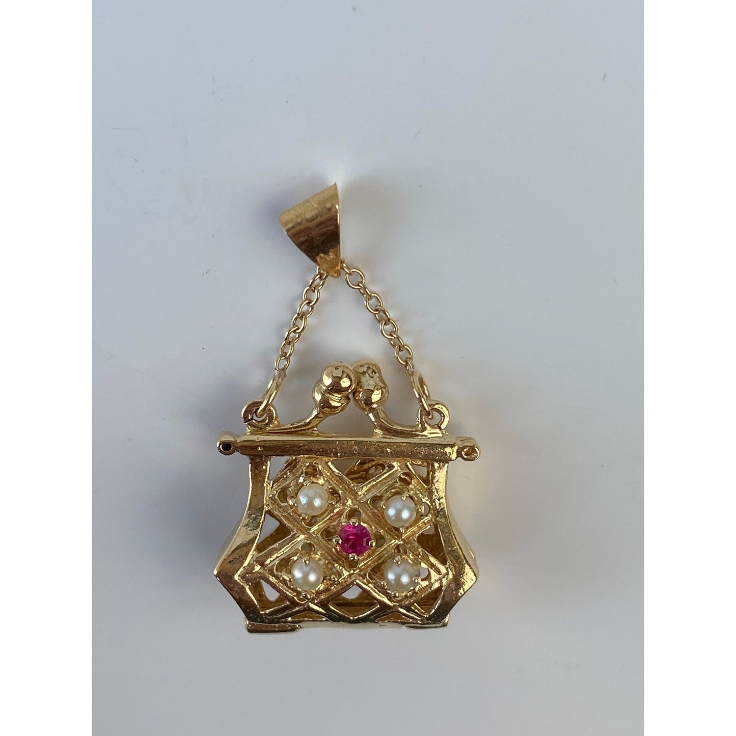 Vintage Solid 14k Yellow Gold Pink Spinel Pearl Articulated Purse Charm