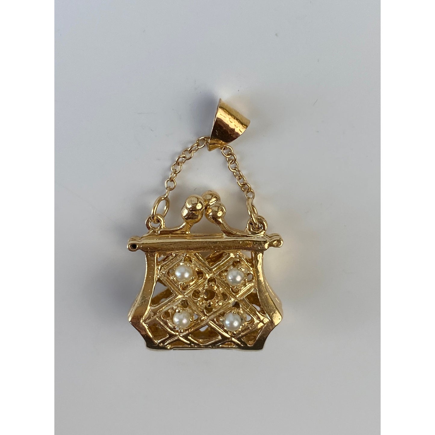 Vintage Solid 14k Yellow Gold Pink Spinel Pearl Articulated Purse Charm