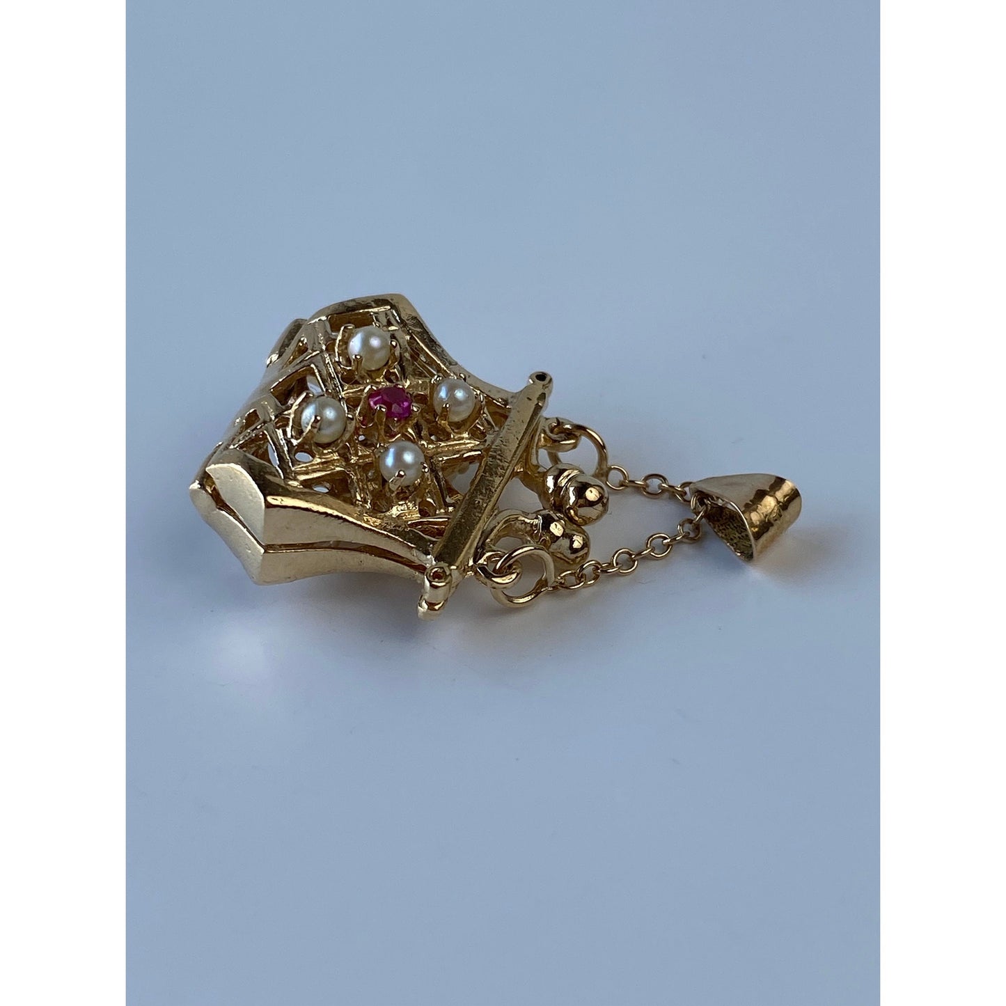 Vintage Solid 14k Yellow Gold Pink Spinel Pearl Articulated Purse Charm