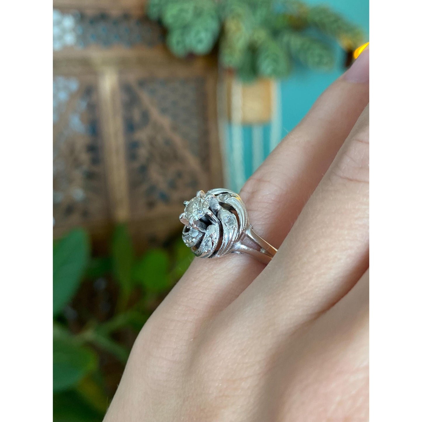 Vintage Solid 14k White Gold Diamond Ring - Size 4