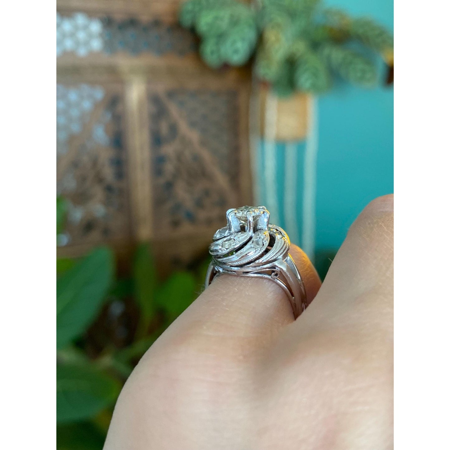 Vintage Solid 14k White Gold Diamond Ring - Size 4