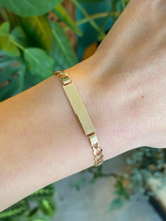 Vintage Solid 14k Yellow Gold Flat Elongated Curb Chain ID Bracelet - 6.25 inches