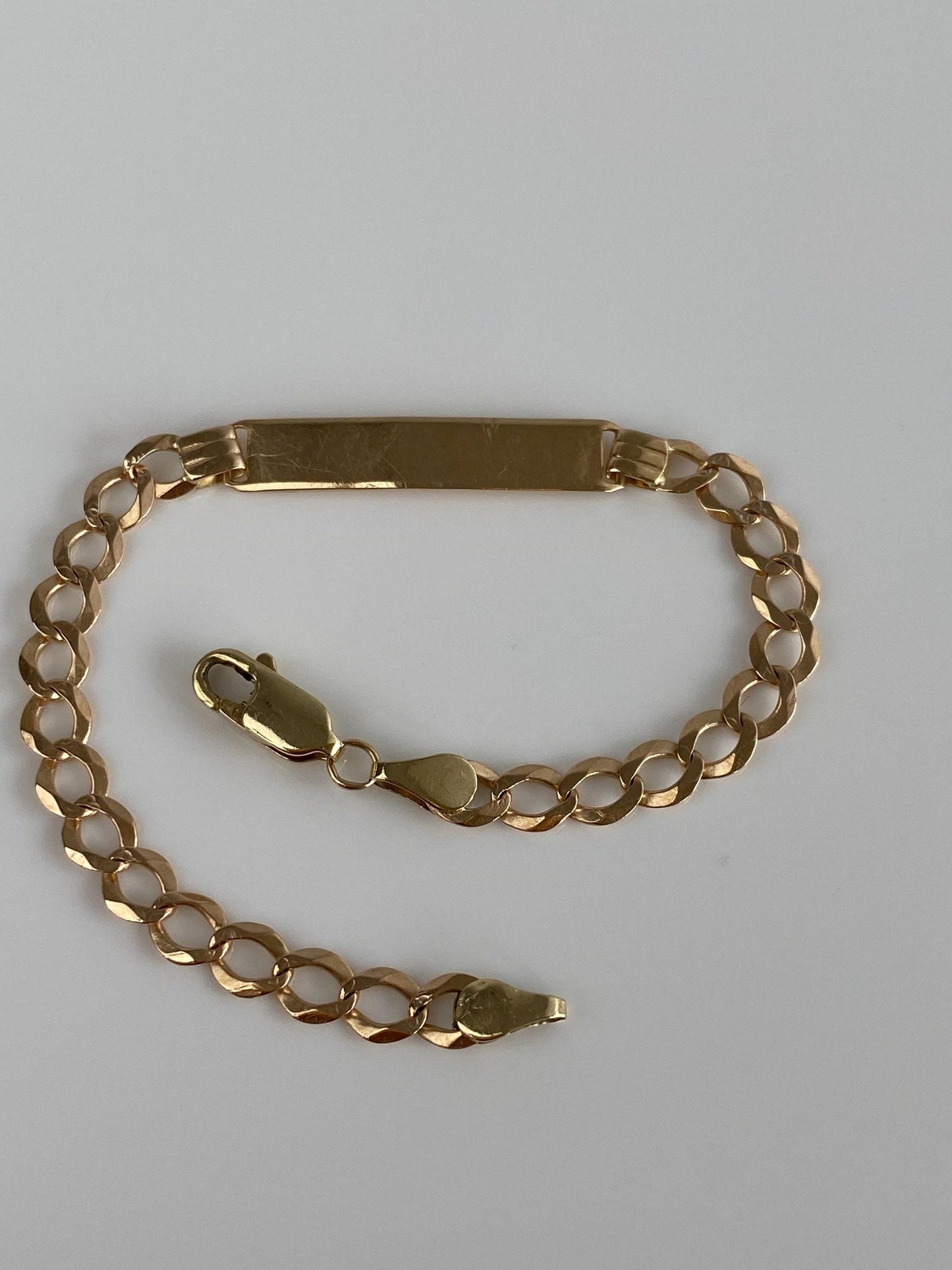 Vintage Solid 14k Yellow Gold Flat Elongated Curb Chain ID Bracelet - 6.25 inches