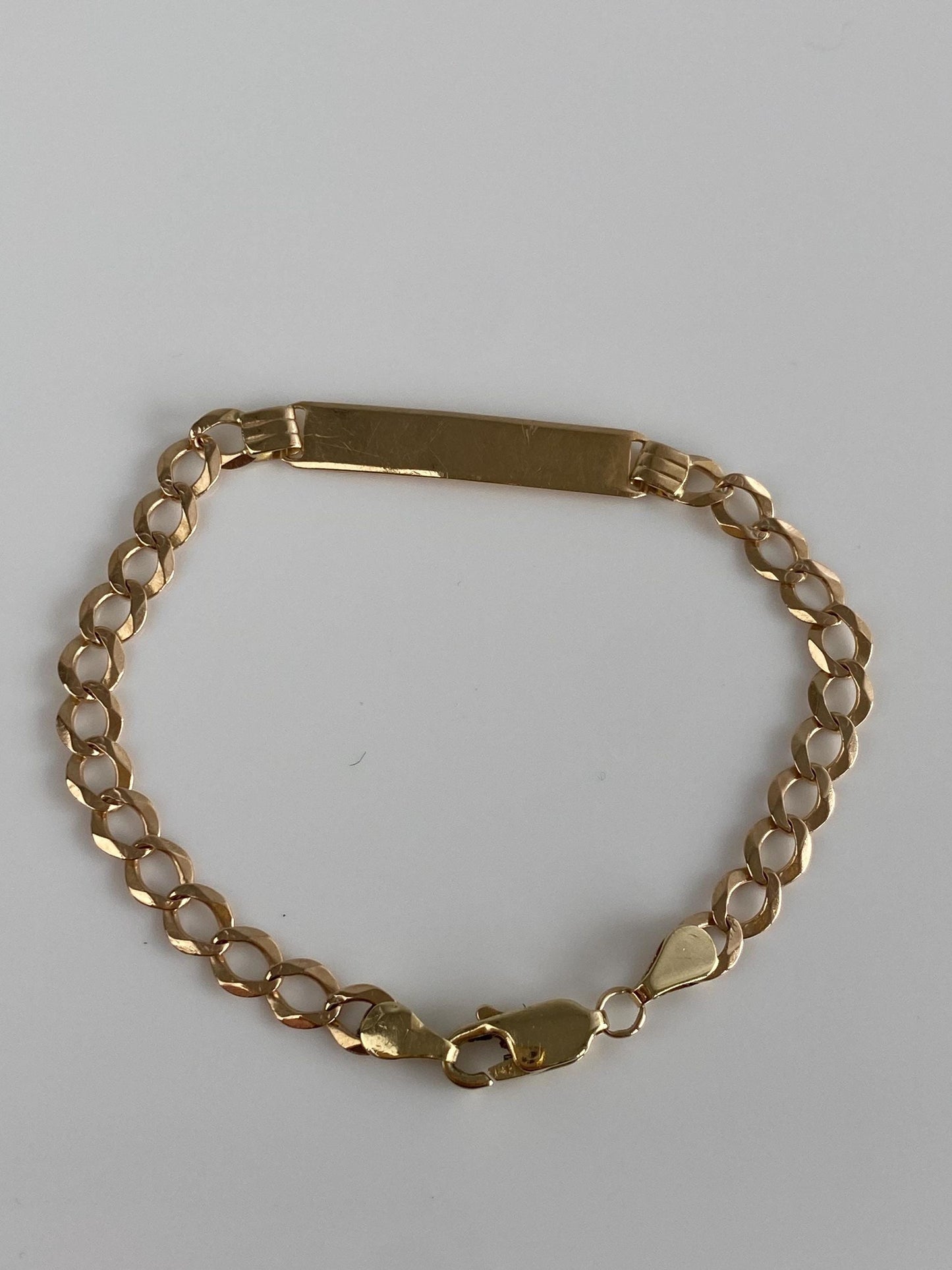 Vintage Solid 14k Yellow Gold Flat Elongated Curb Chain ID Bracelet - 6.25 inches