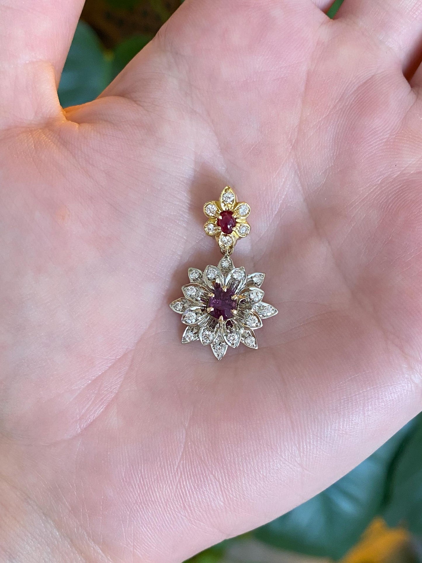 Vintage Solid 14k White & Yellow Gold Pink Spinel Clear Sapphire Flower Charm