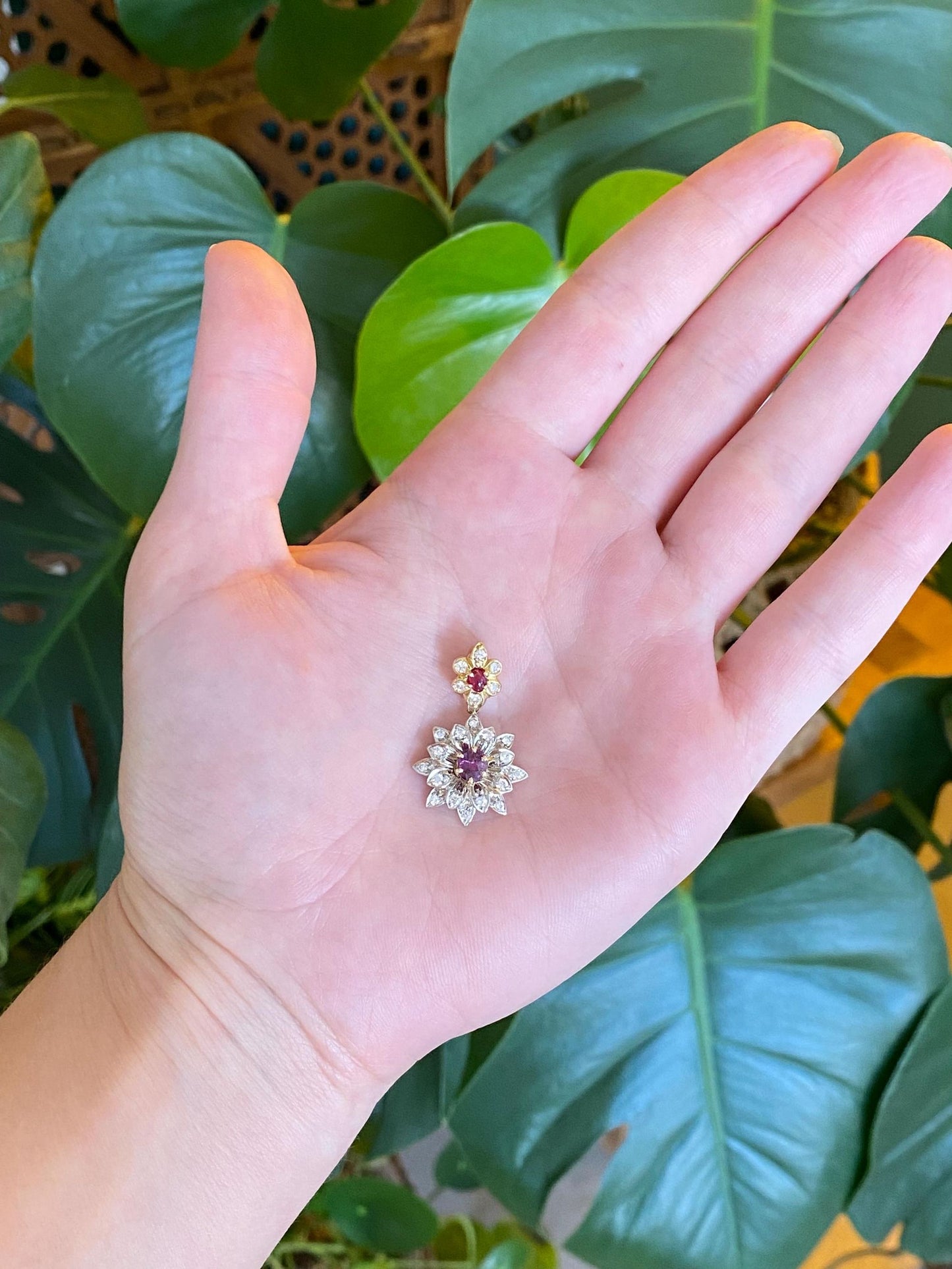 Vintage Solid 14k White & Yellow Gold Pink Spinel Clear Sapphire Flower Charm