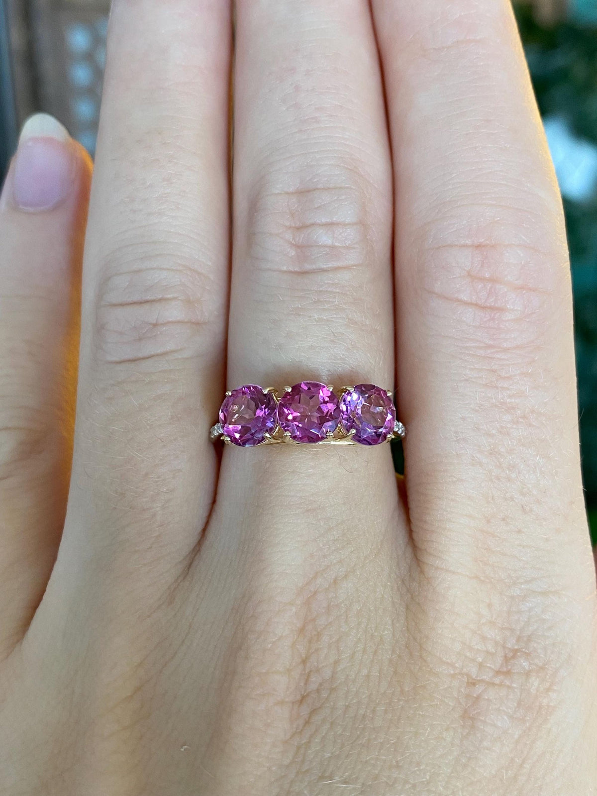Vintage Solid 14k Yellow Gold Pink Sapphire Diamond Row Ring - Size 7